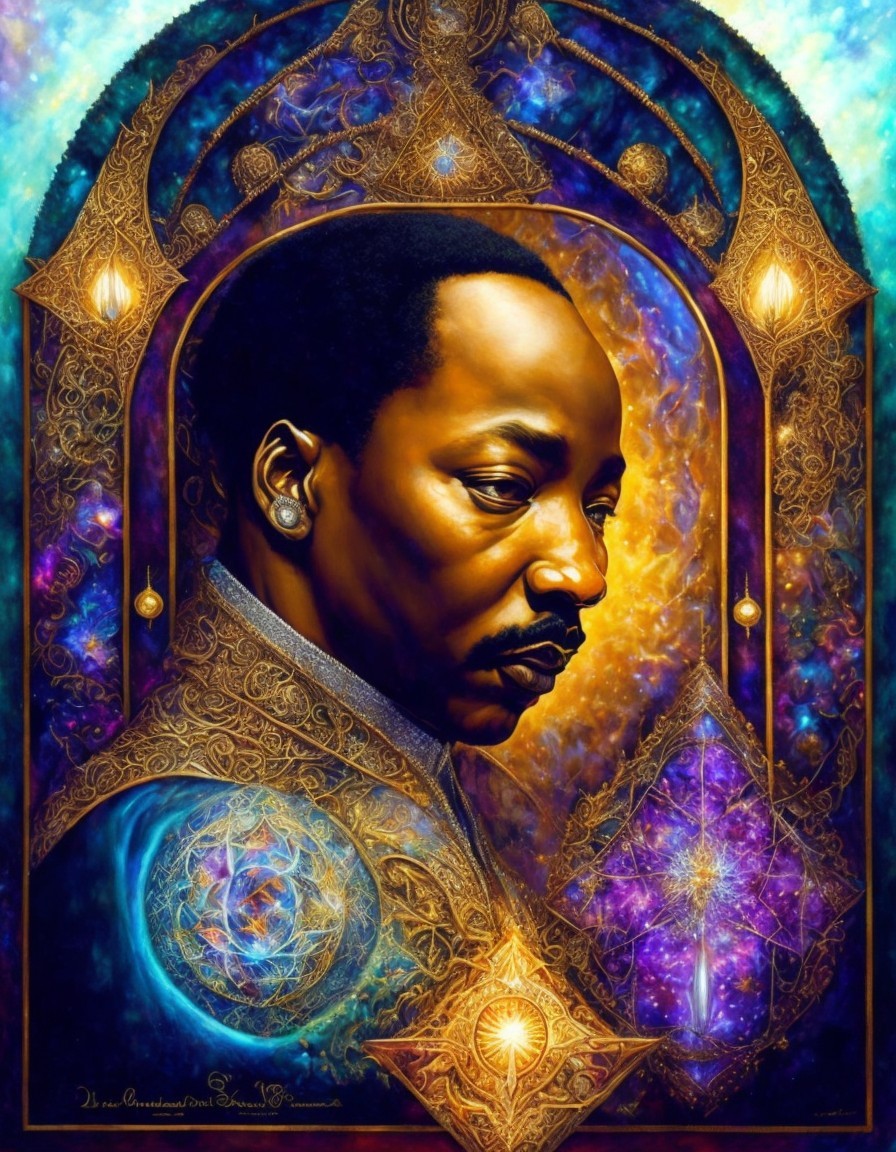 Regal Figure in Cosmic Patterns and Rich Hues