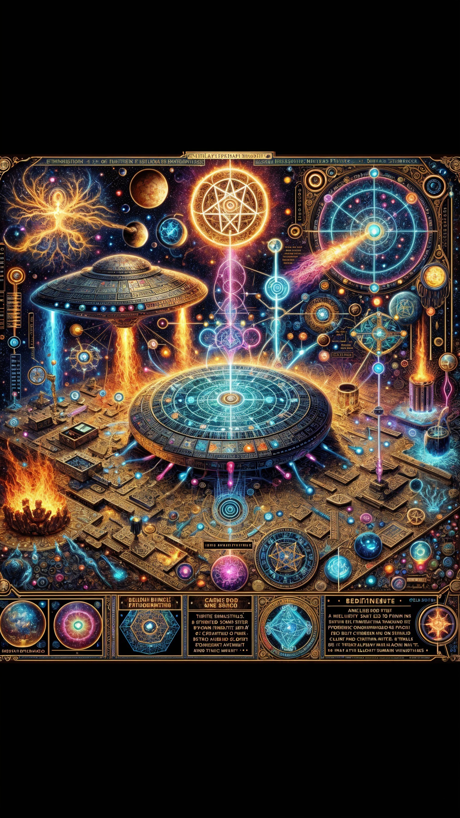 Vibrant Cosmic Scene with Geometric Patterns and Symbols