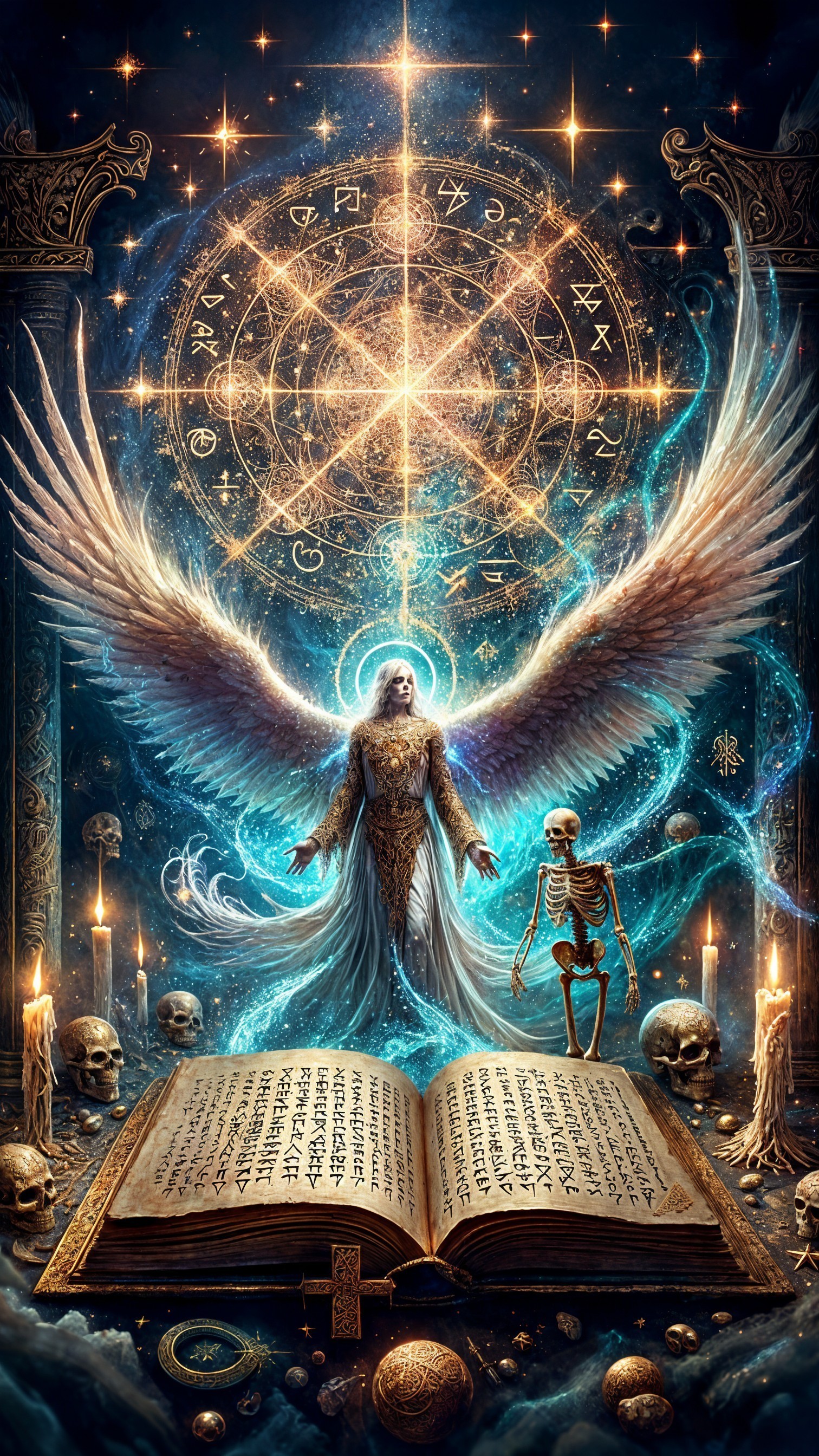 Majestic angel with cosmic energies and eerie elements