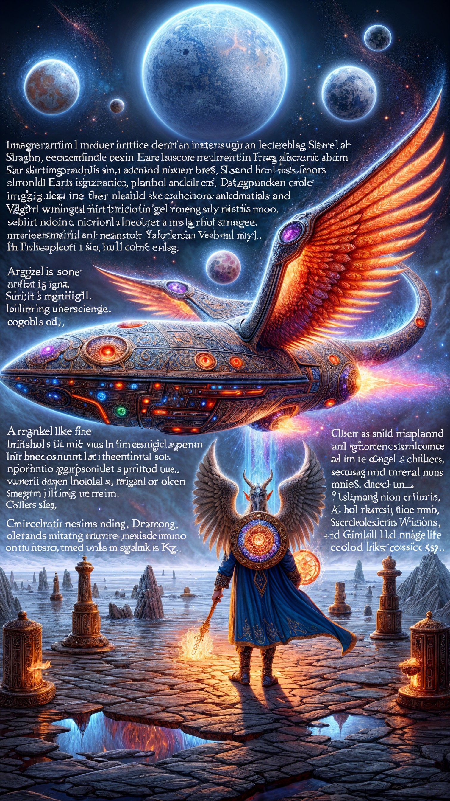 Majestic Cosmic Scene with Celestial Ship and Wings