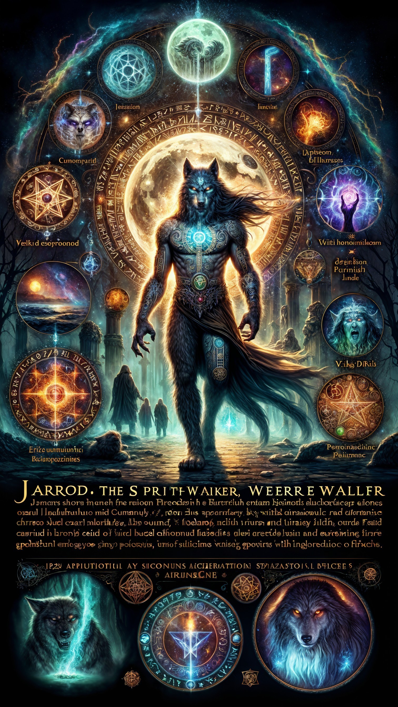 Wolf-like humanoid figure in mystical ancient ruins