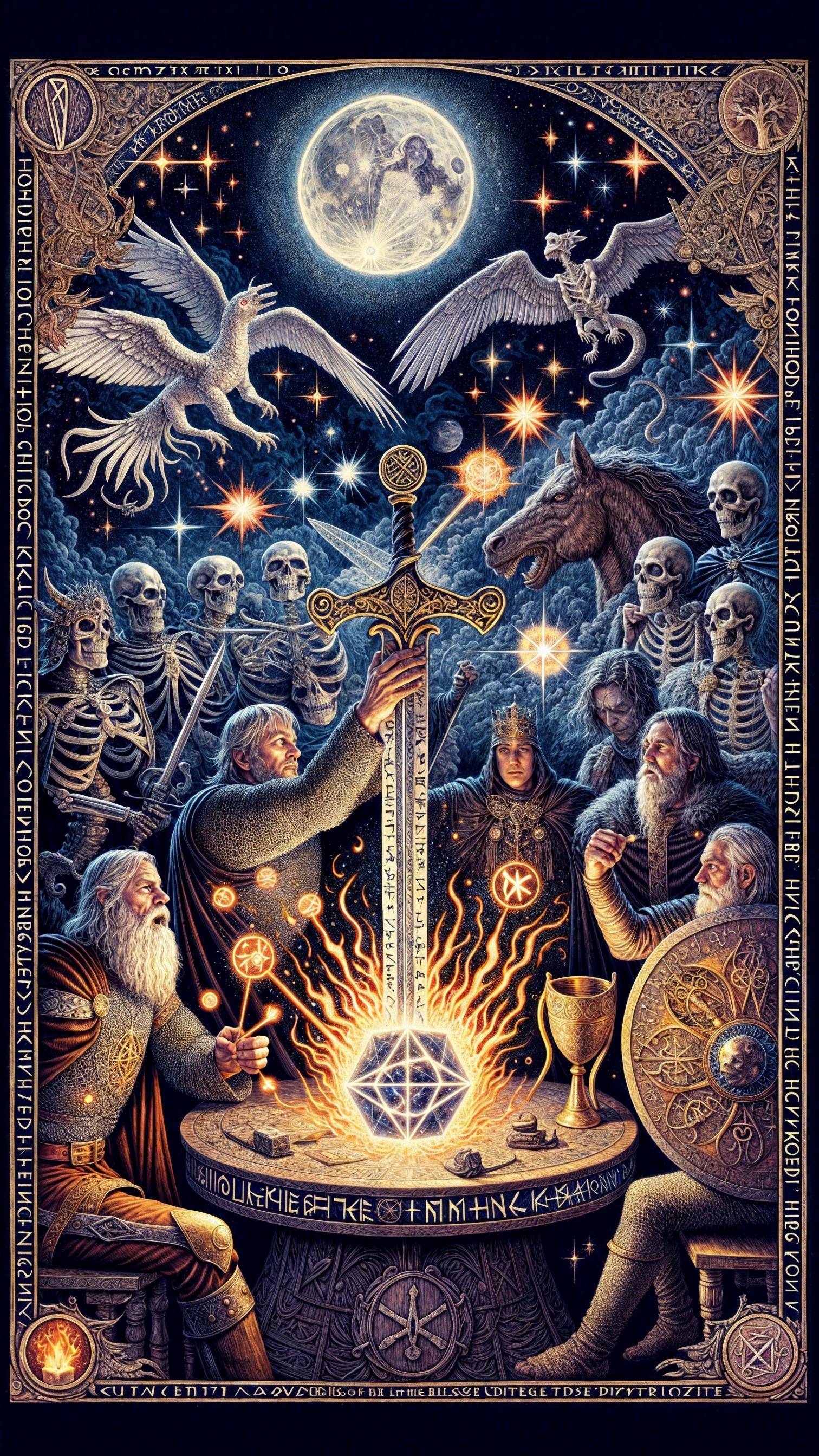 Ancient Figures Gather Around Glowing Sword in Crystal