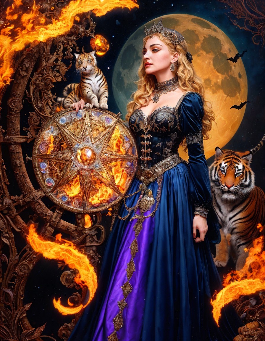 Majestic woman in blue gown with tigers and flames