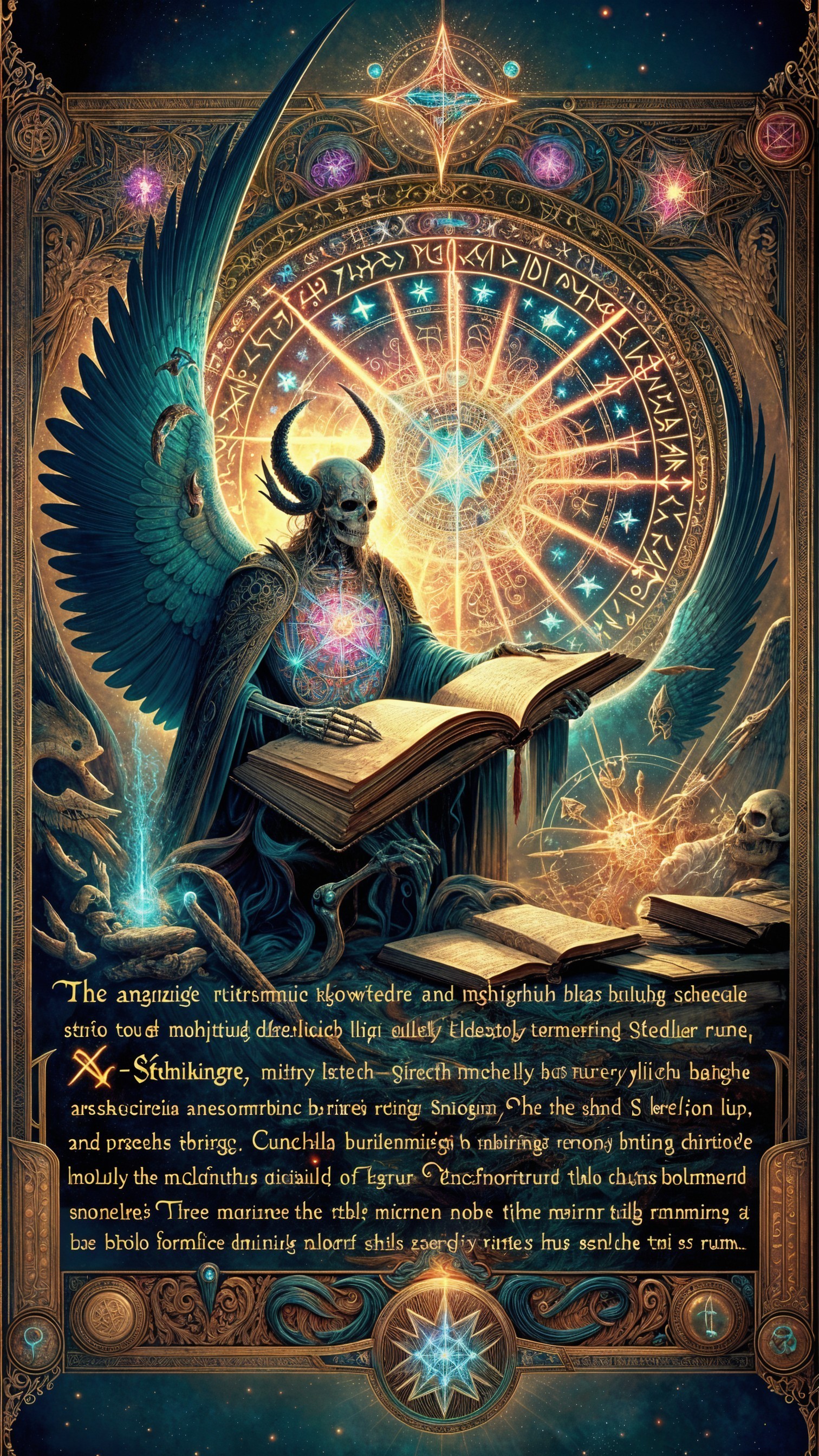 Majestic figure with dark wings and ancient book