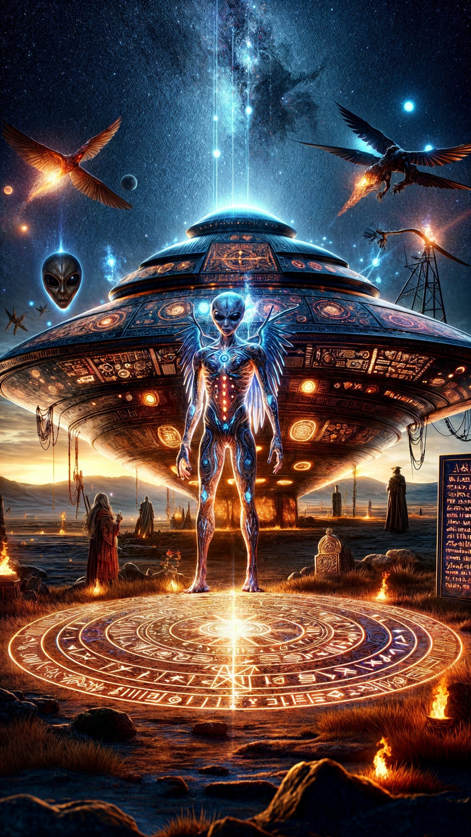 Surreal Alien Landscape with Geometric Patterns and Figures