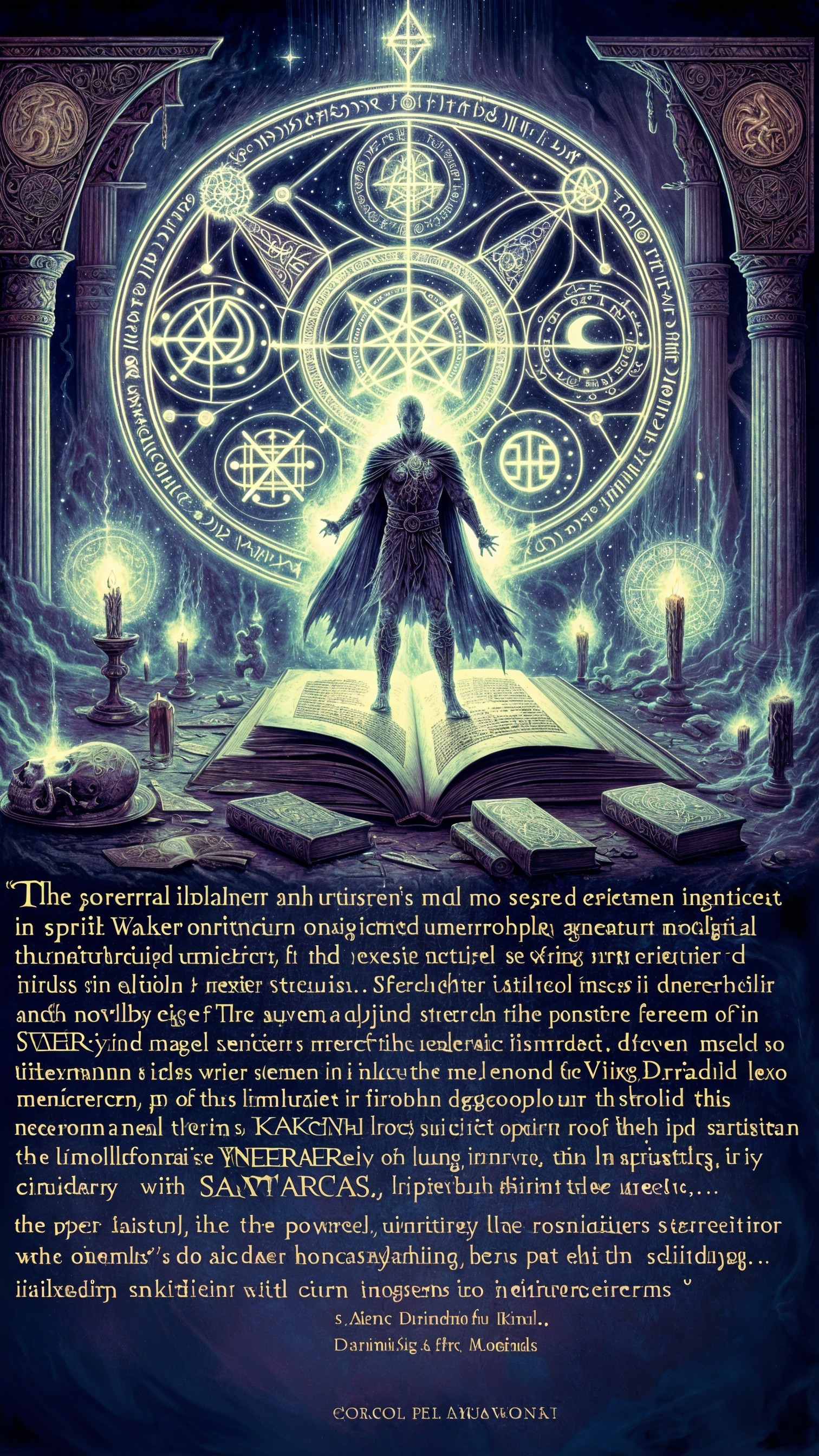 Mystical Scene with Ethereal Figure and Magical Symbols