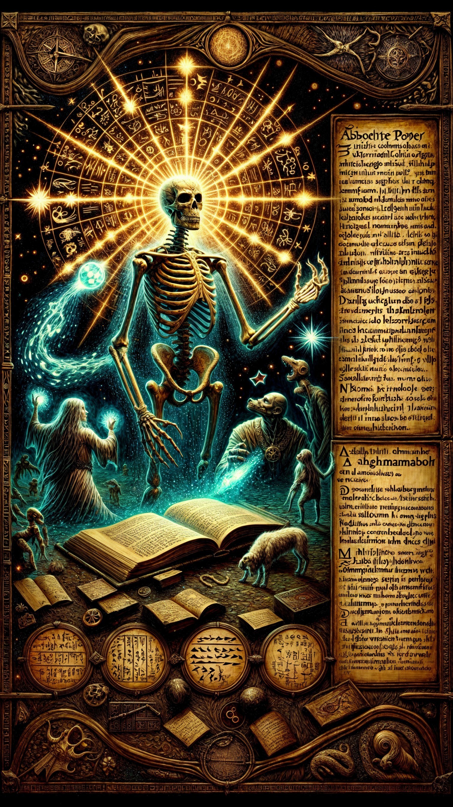 Glowing Skeleton Surrounded by Ethereal Figures and Symbols