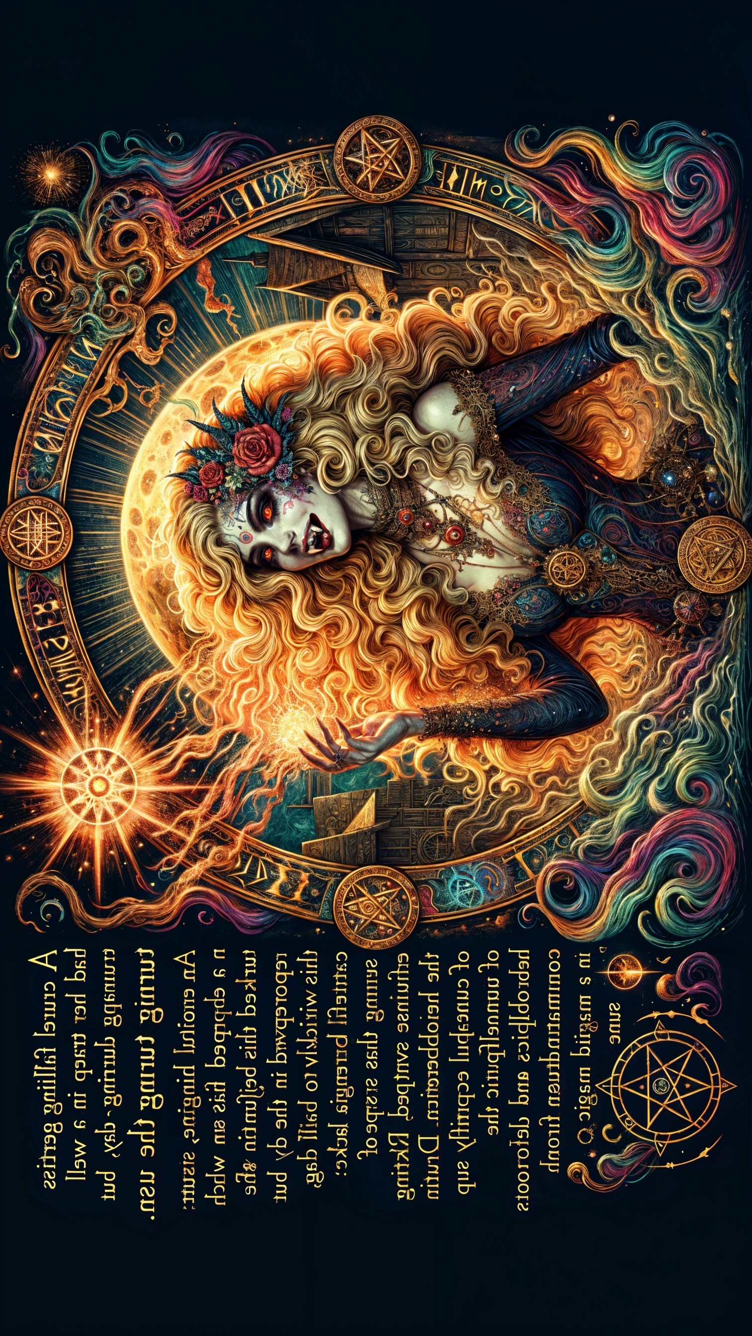 Mystical Woman with Golden Hair and Celestial Symbols