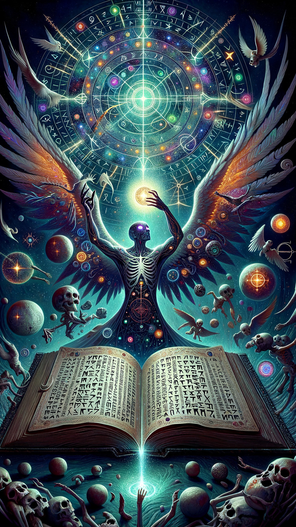 Skeletal Figure with Wings Over Ancient Book and Cosmos