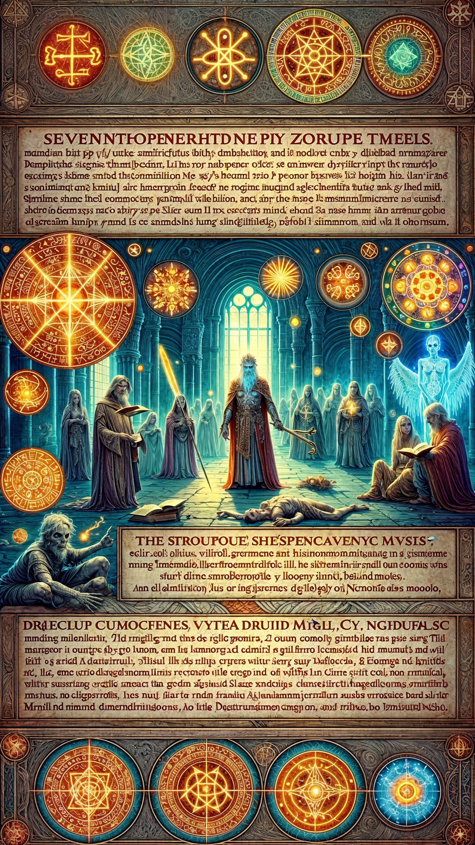 Gothic Hall with Mystical Symbols and Sorcerer Figure