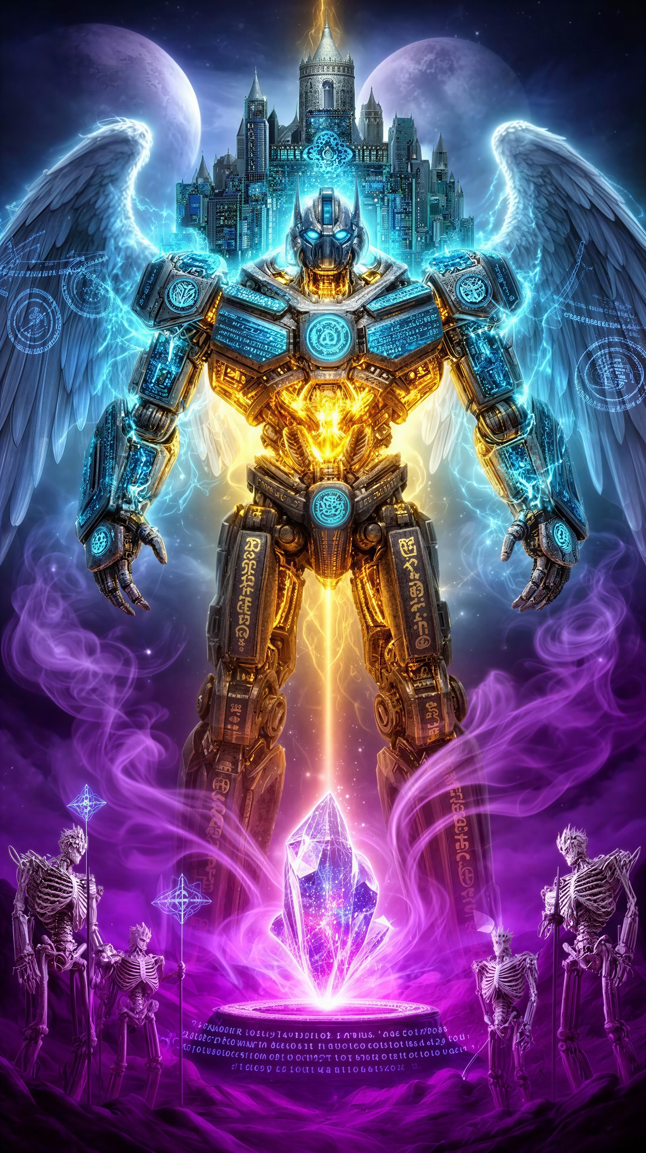 Illuminated Biomechanical Angel-Robot in Fantasy Scene