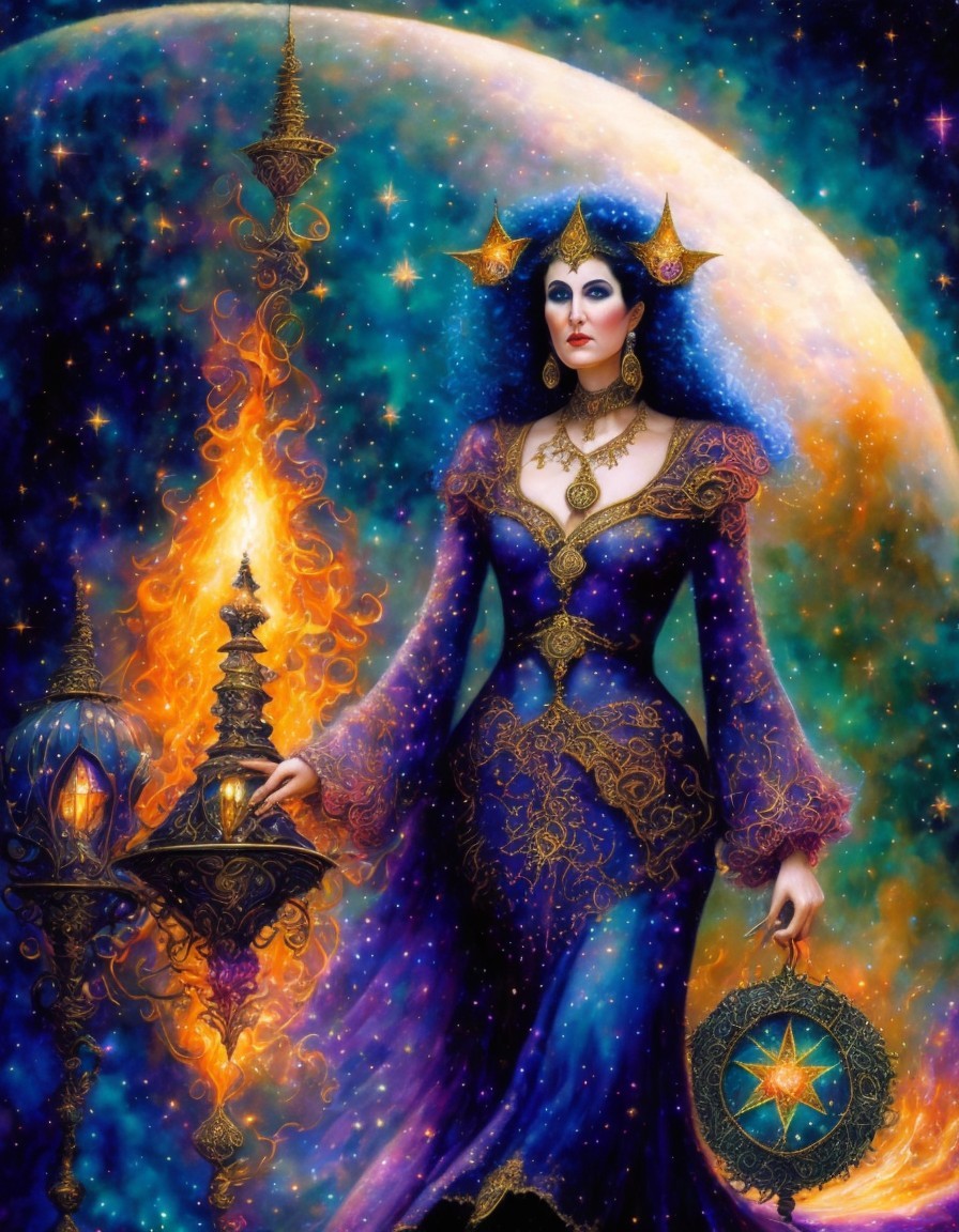 Mystical figure in cosmic setting with vibrant details