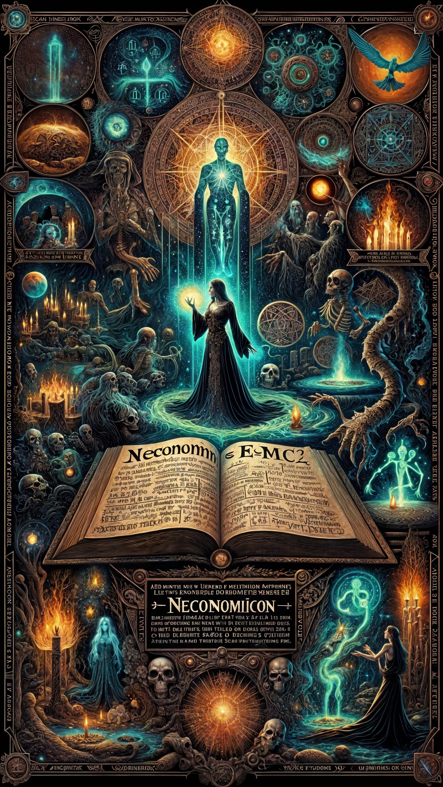 Mystical Scene with Necronomicon and Cosmic Elements