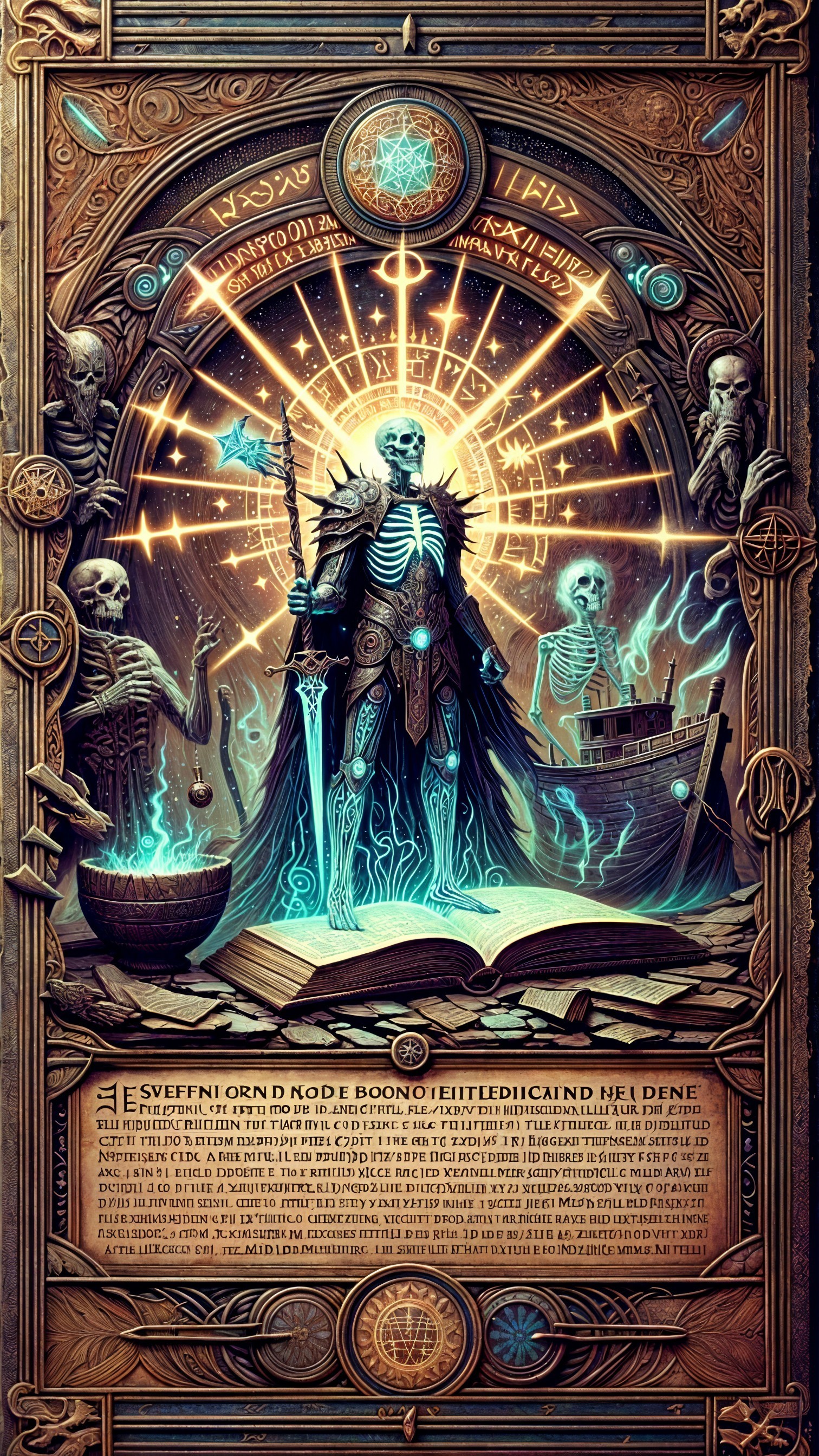 Skeletal Figure in Armor Surrounded by Ethereal Flames