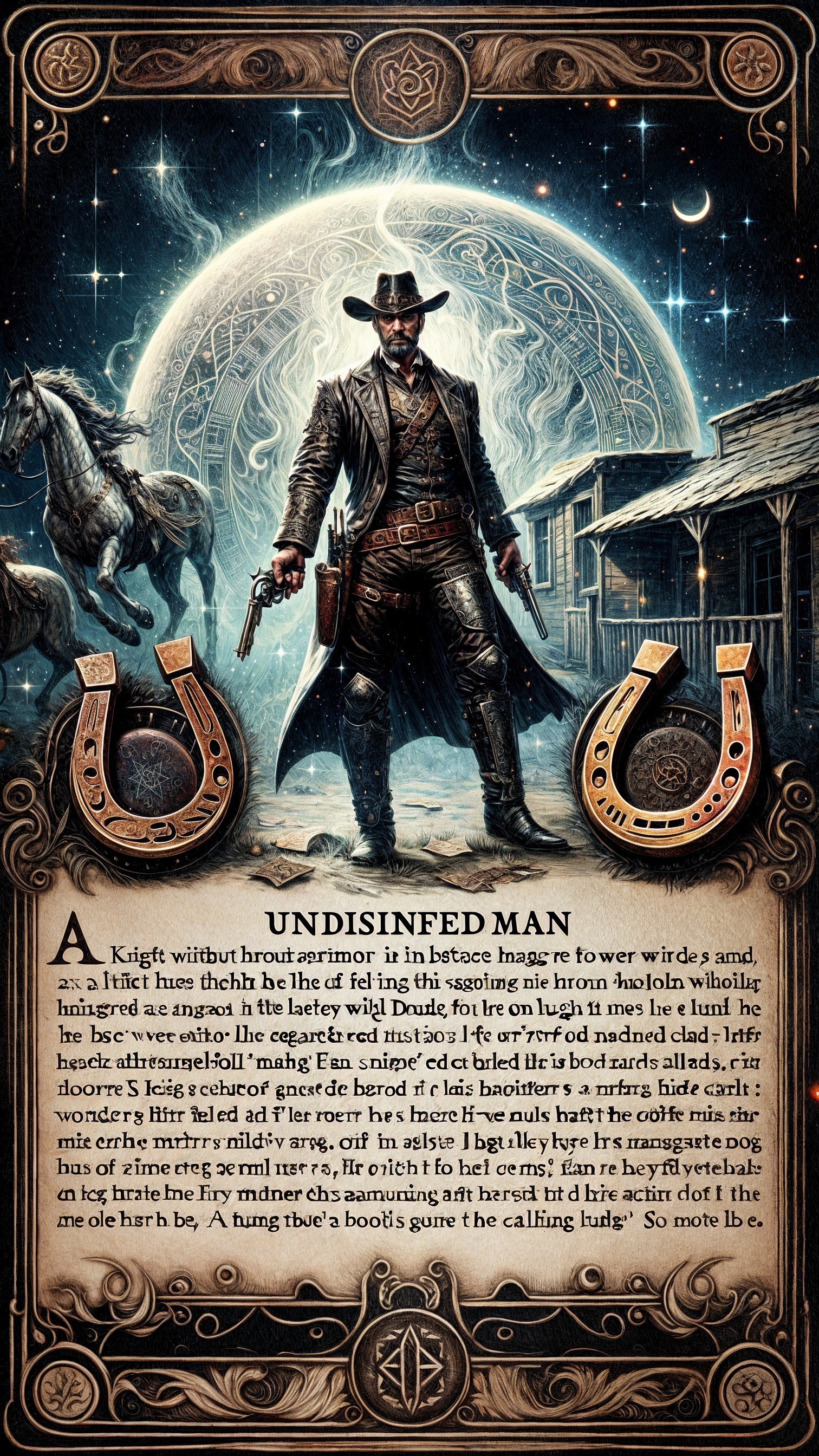 Cowboy Under Full Moon with Horses in Dark Sky