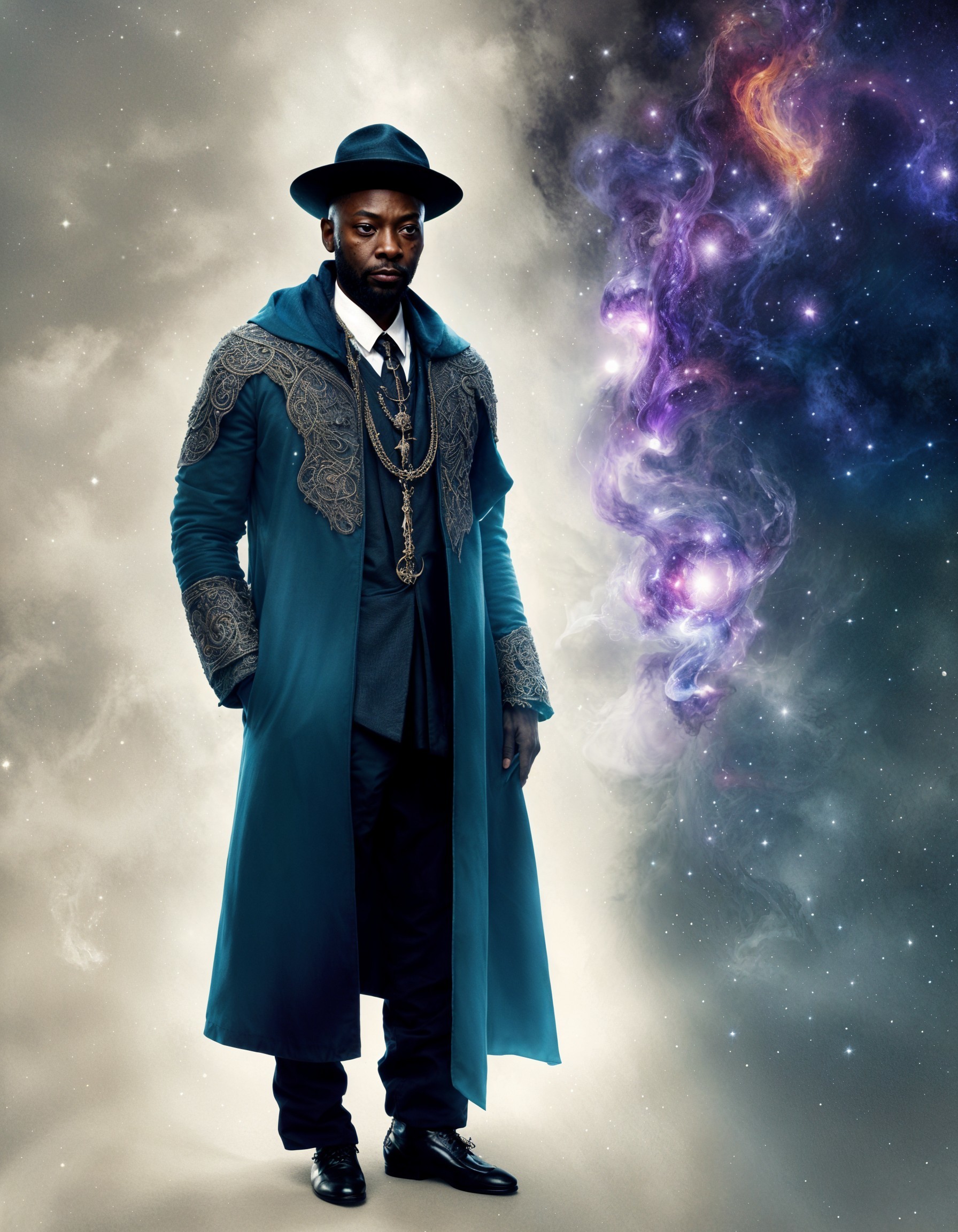 Regal Figure in Ornate Coat Against Cosmic Backdrop