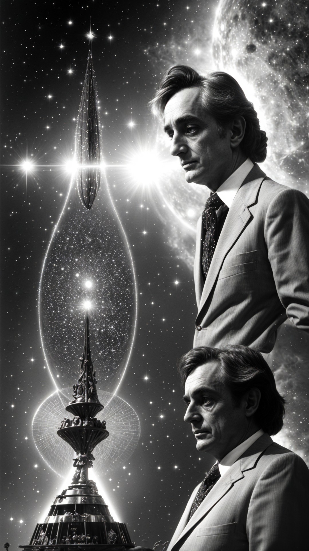 Man in Suit Against Cosmic Backdrop with Tower Structure
