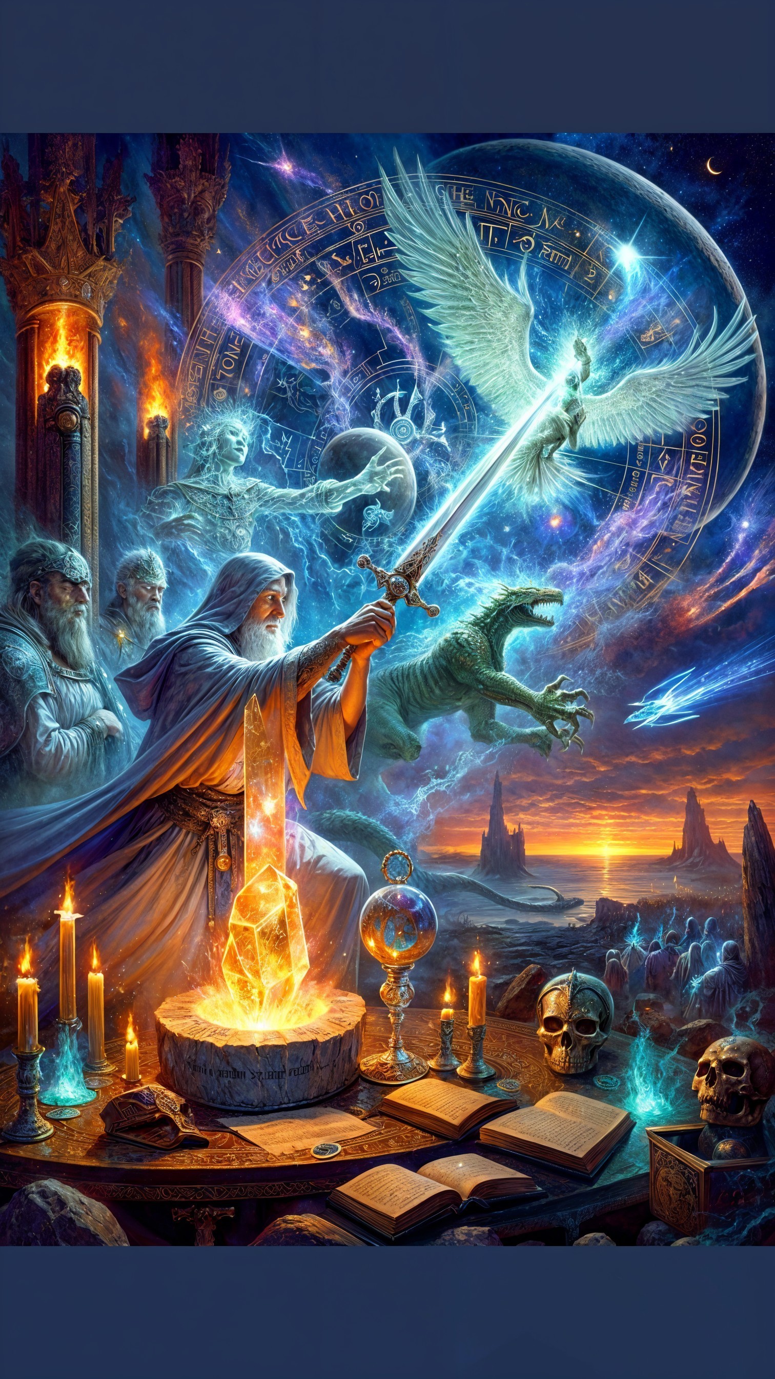 Mystical Wizard with Shining Sword and Celestial Imagery