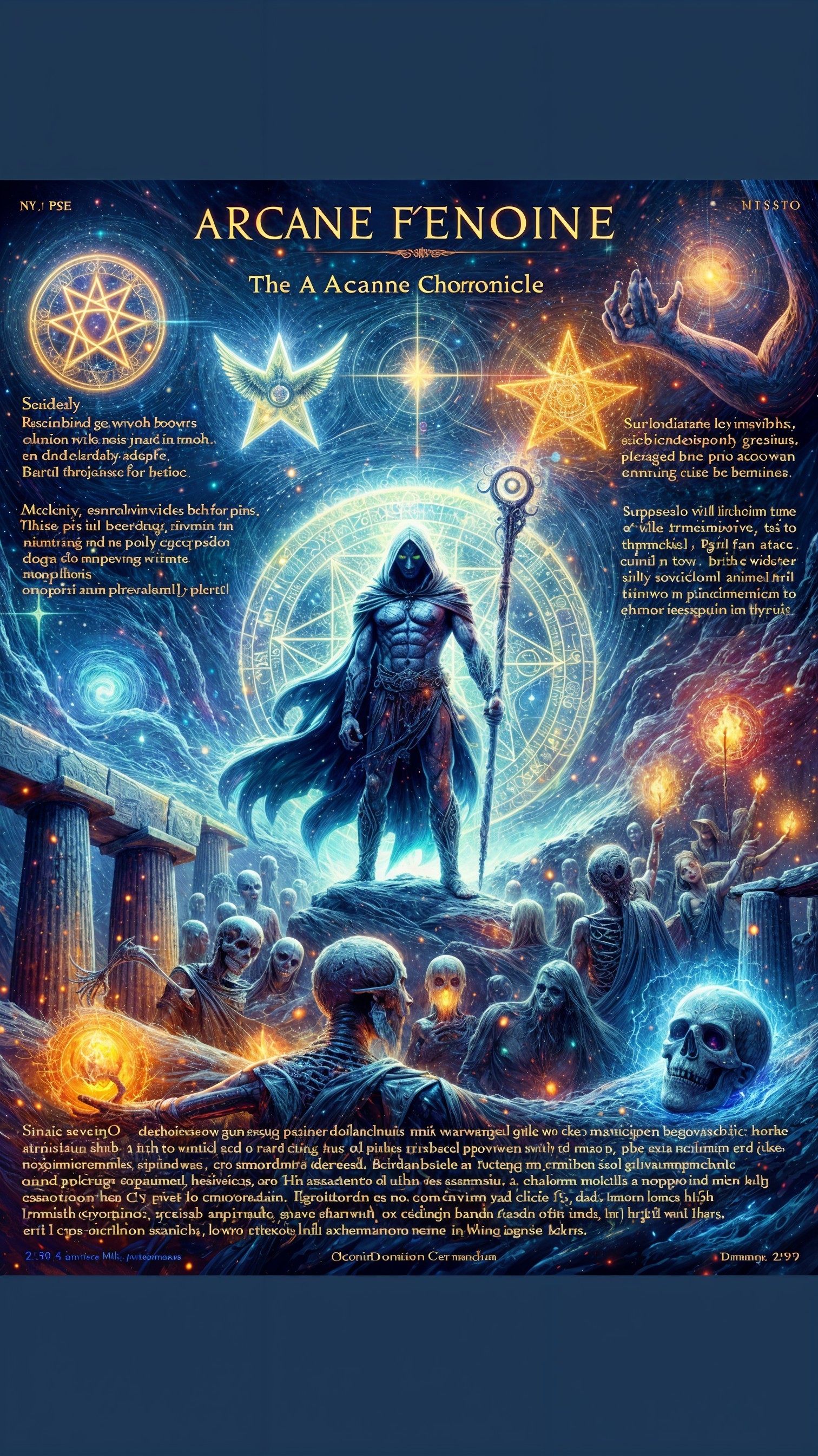 Mystical Scene with Hooded Figure and Celestial Symbols