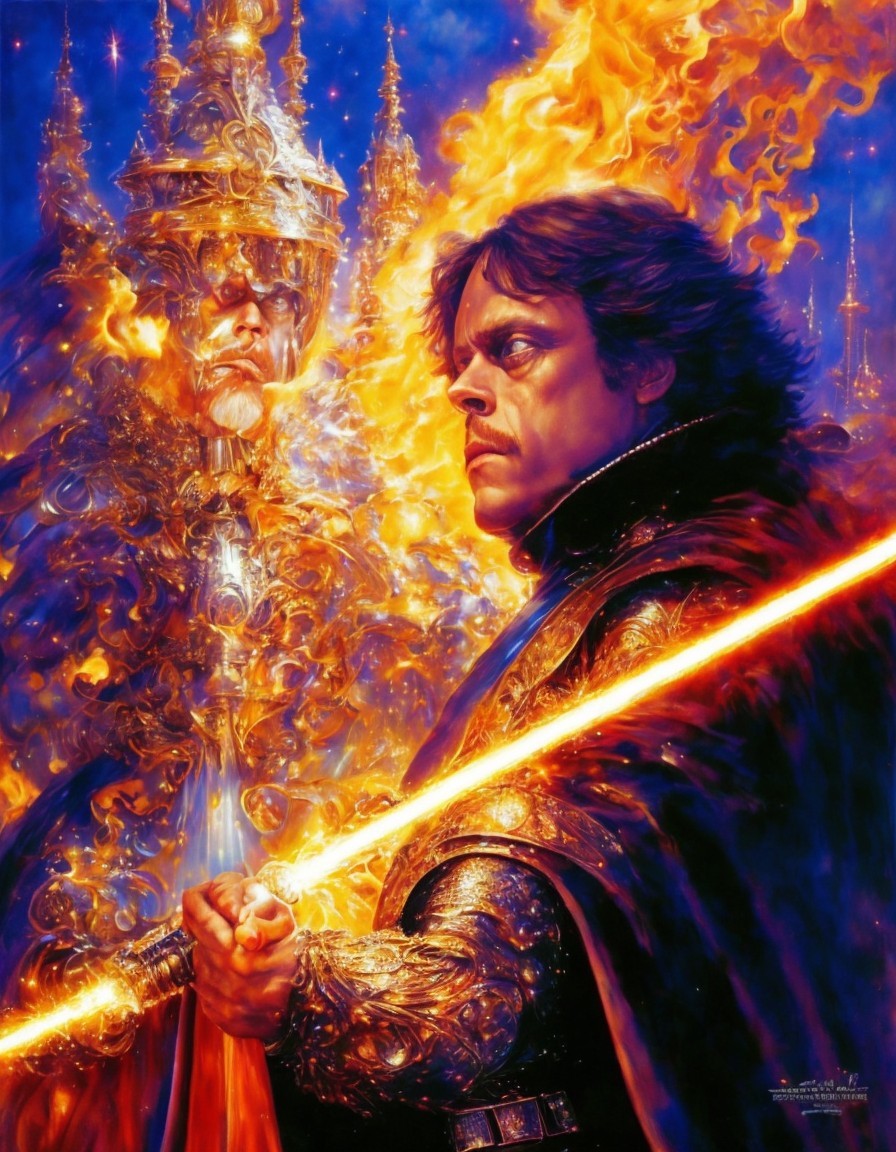 Warrior in Dark Armor with Lightsaber Amid Flames