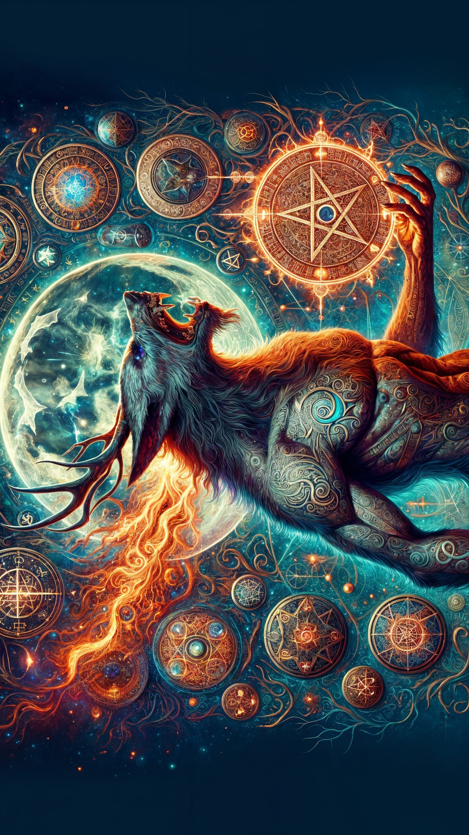 Mystical creature in cosmic landscape with celestial symbols