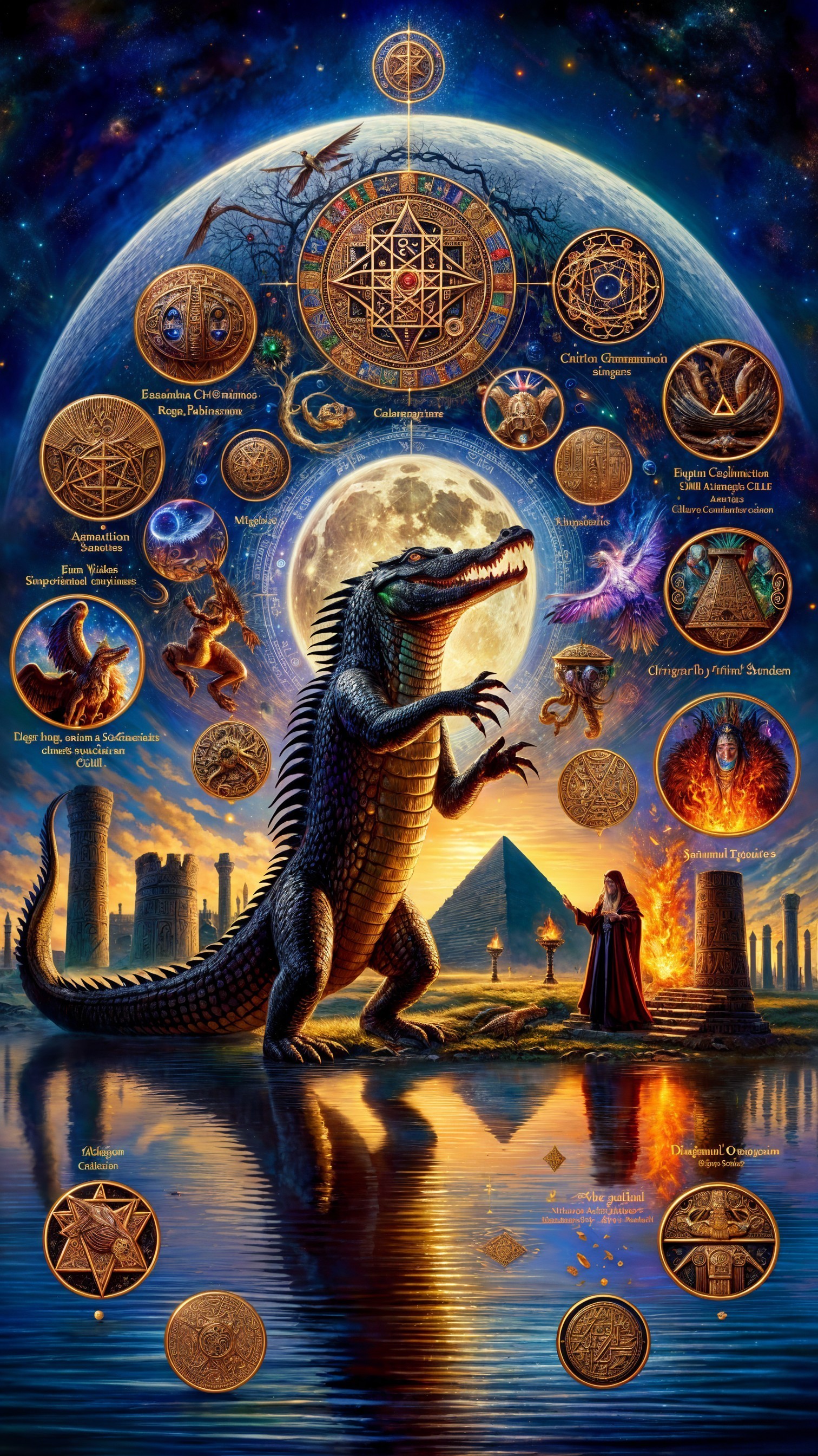 Colossal Lizard Creature by Tranquil Lake Under Cosmic Sky