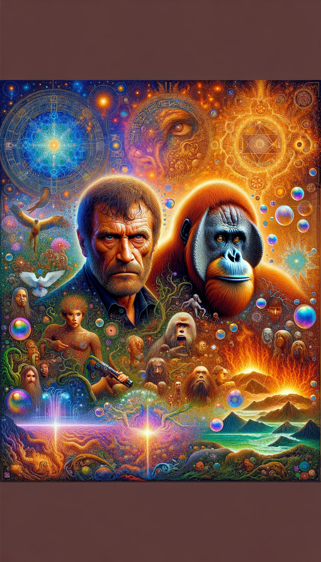 Surreal Artwork of Man and Gorilla in Cosmic Setting