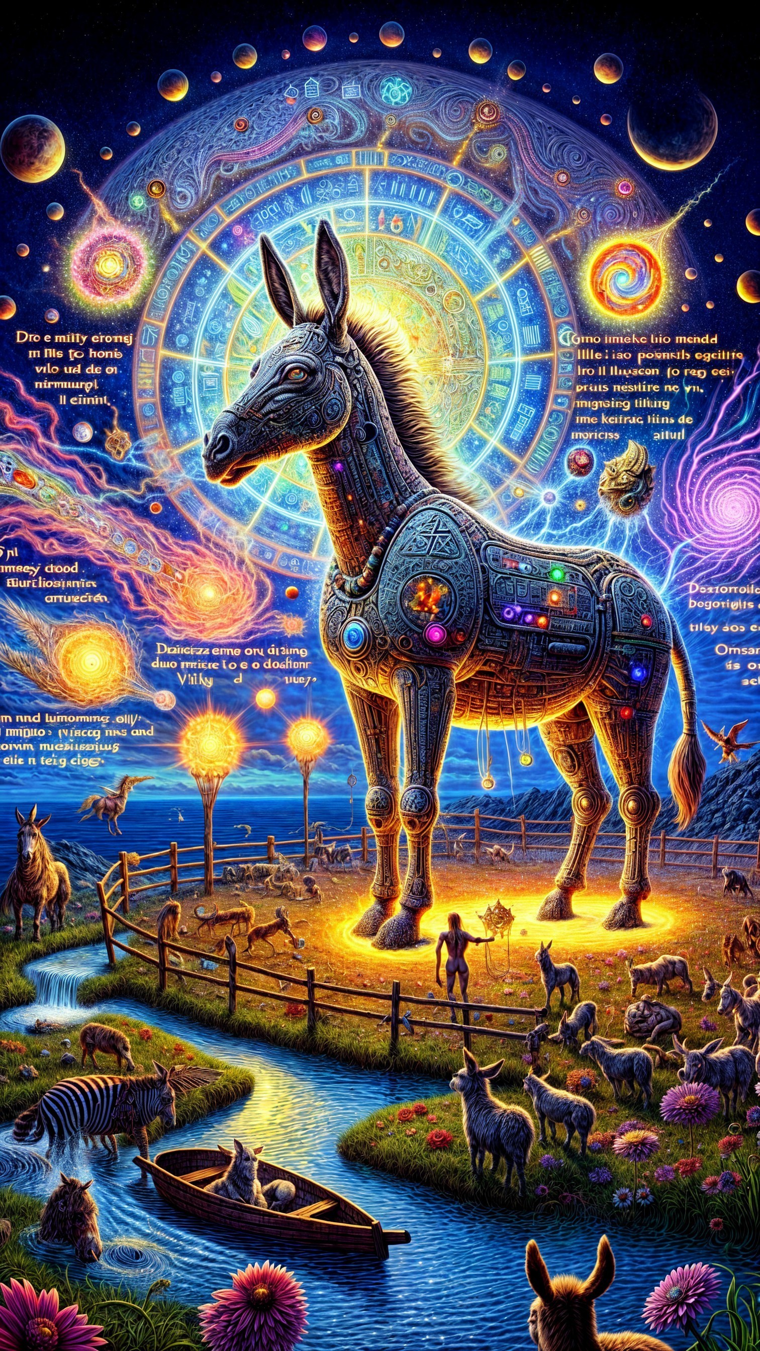 Robotic Horse in Cosmic Landscape with Grazing Animals