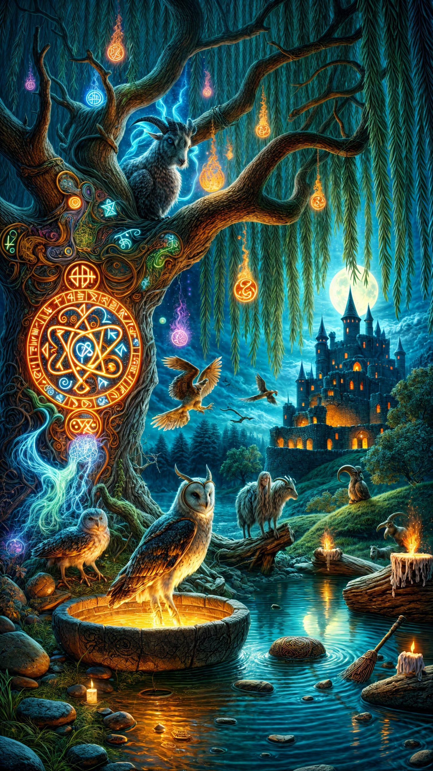 Mystical forest with glowing tree and serene pond