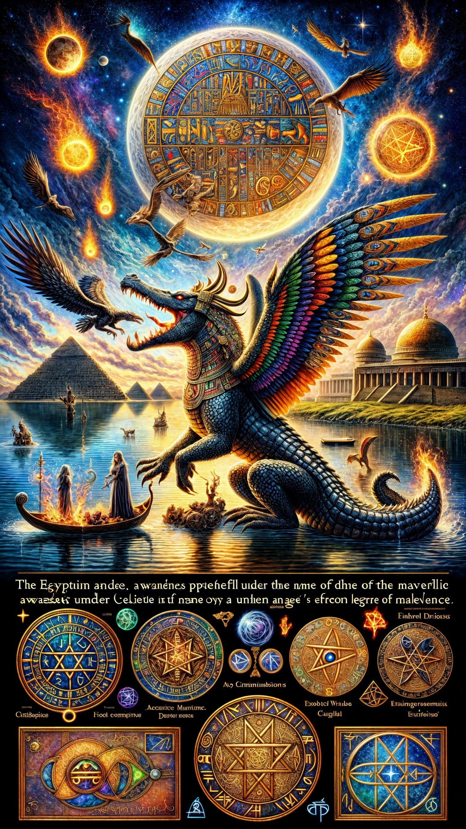 Mystical Scene with Winged Creature and Cosmic Backdrop