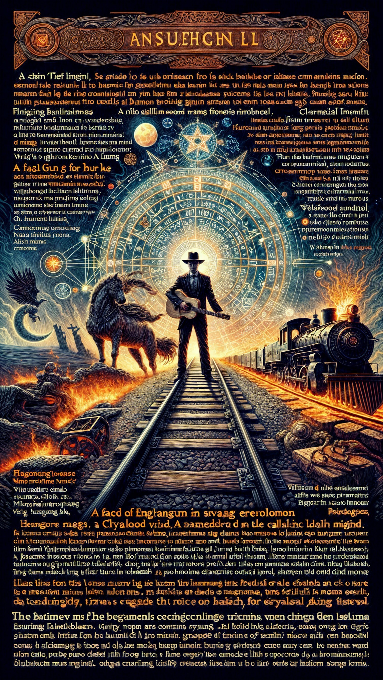 Mystical Scene with Figure on Railway Tracks and Creatures