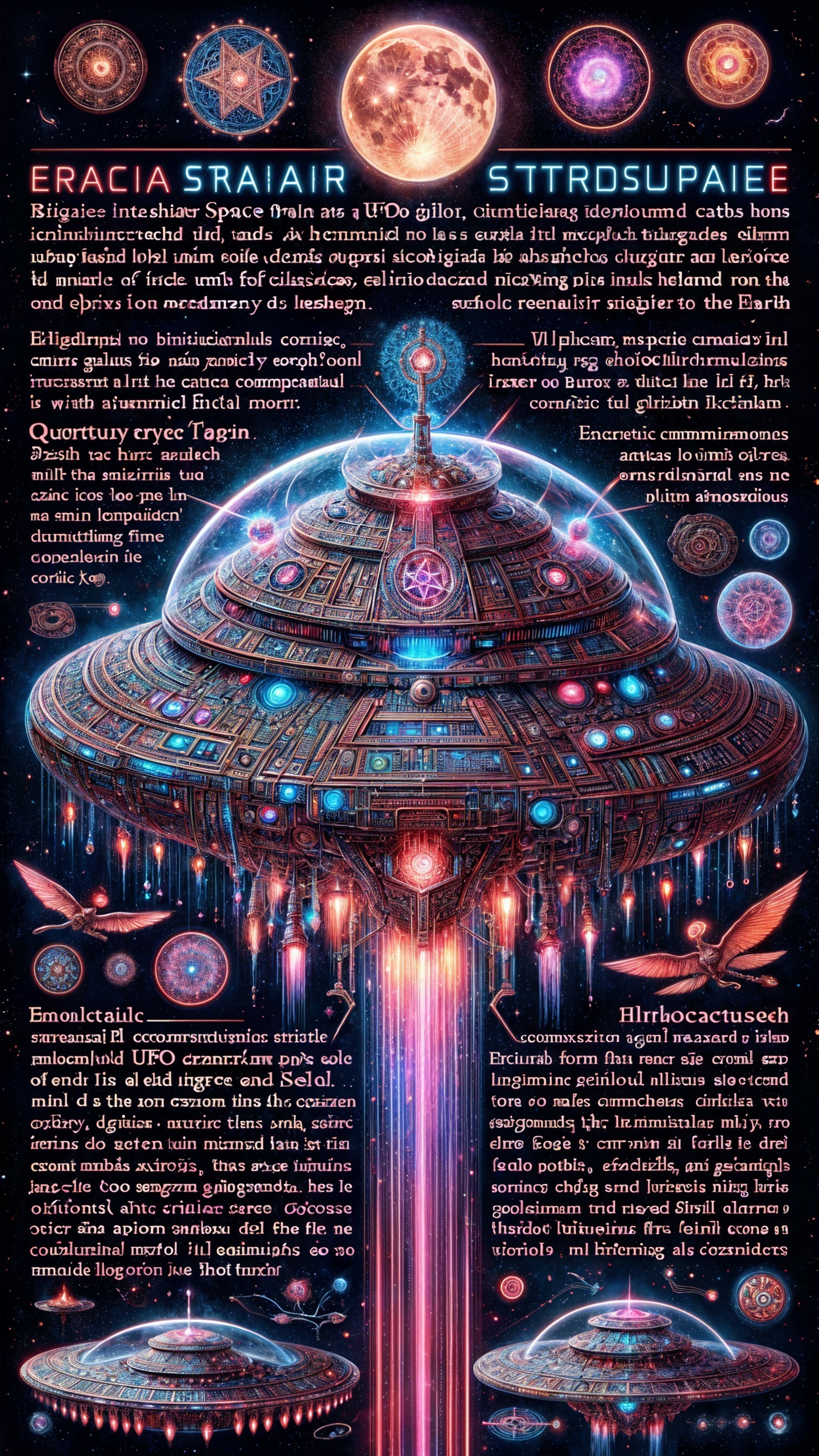 Colorful UFO Over Vibrant Landscape with Cosmic Motifs