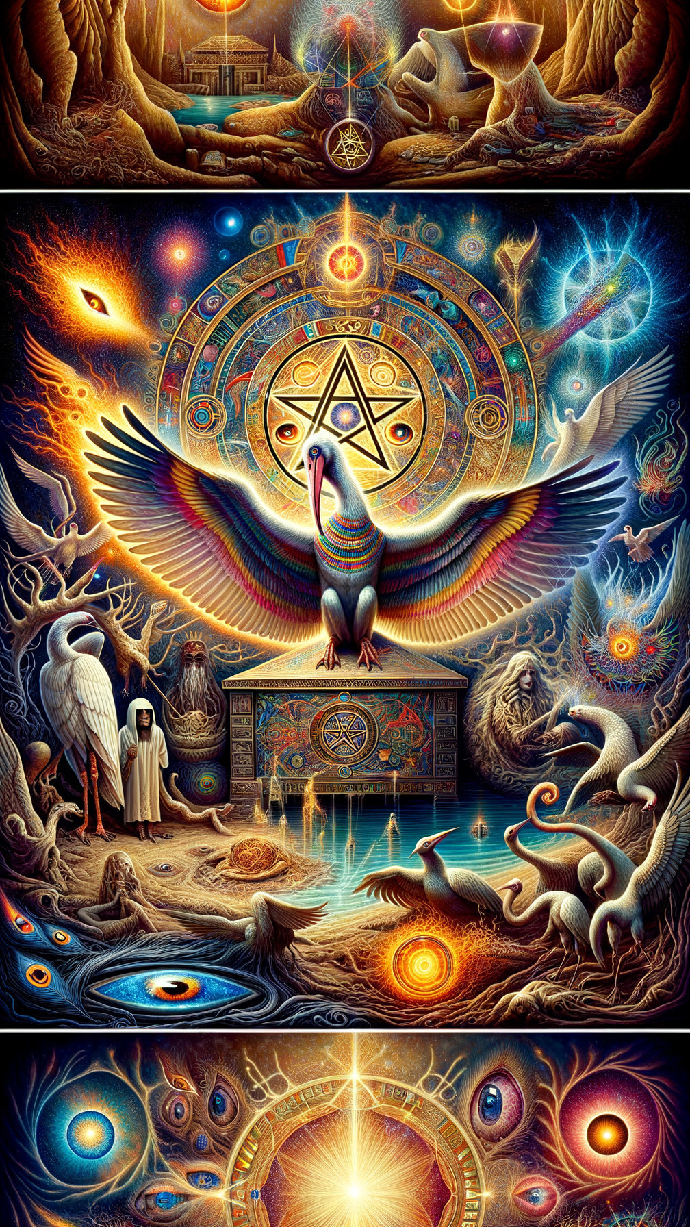 Surreal Vibrant Scene with Winged Creature and Symbols