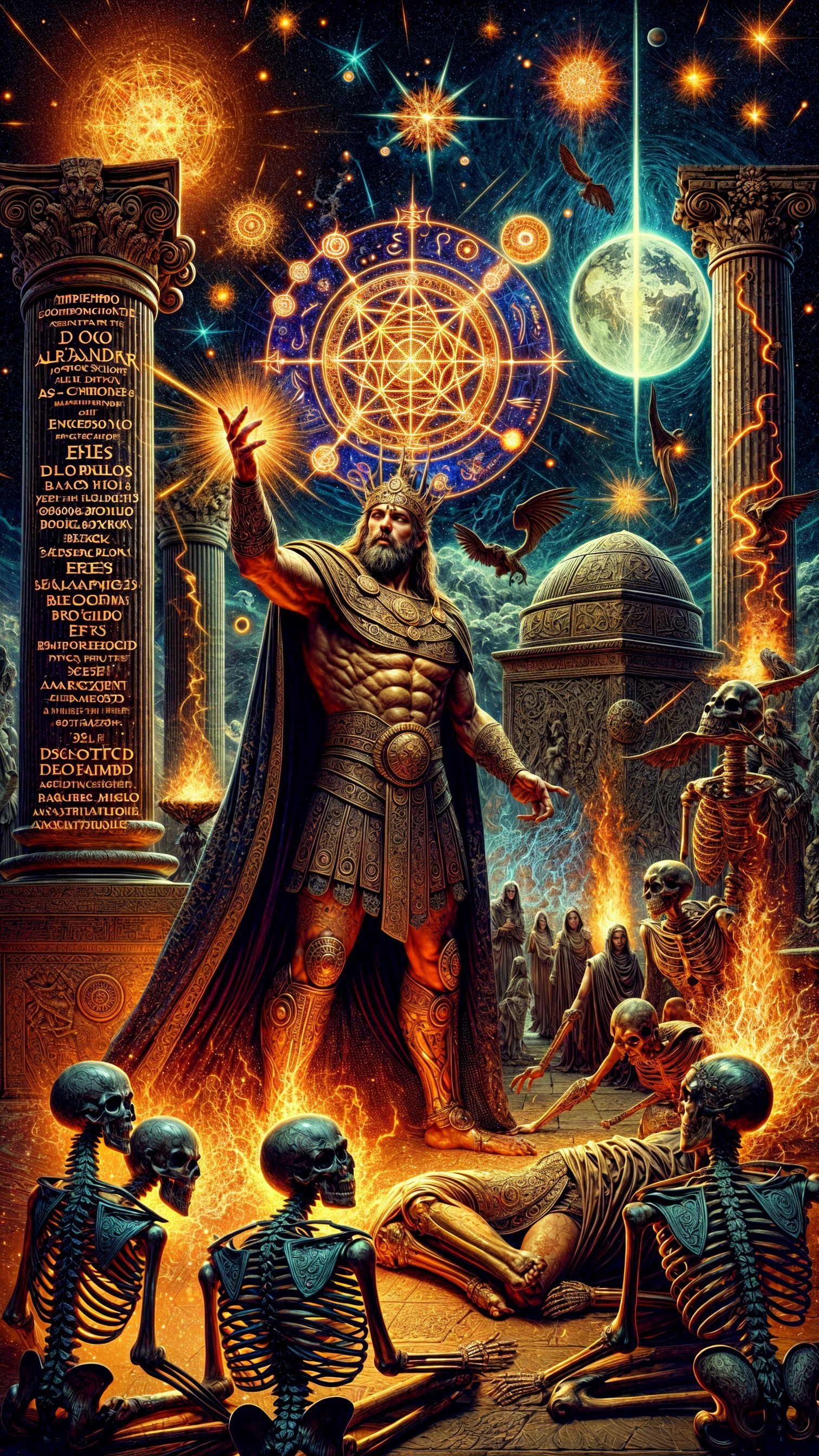 Cosmic Figure Surrounded by Fiery Remains and Columns