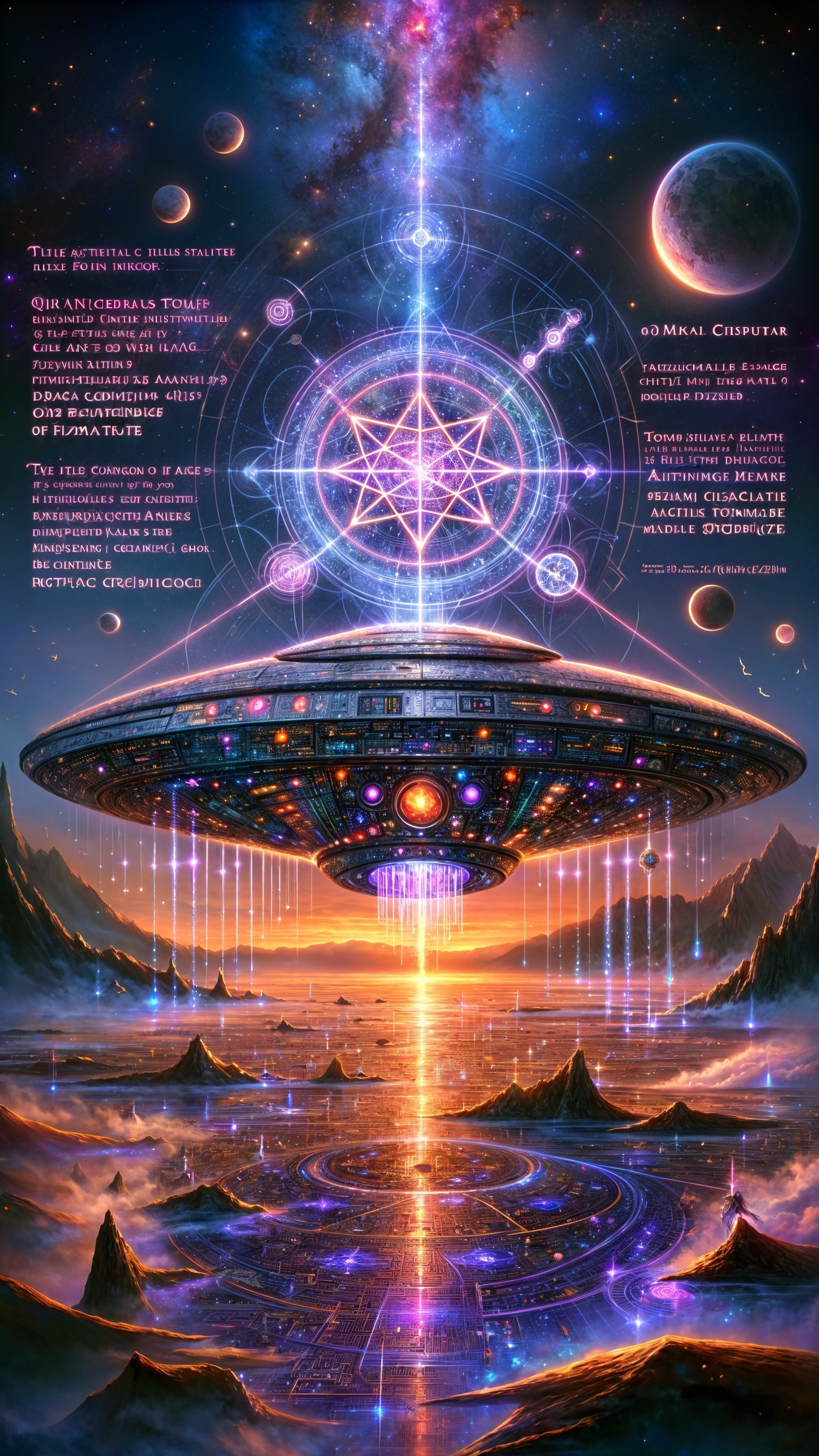 Cosmic Landscape with Intricate Spaceship and Mountains