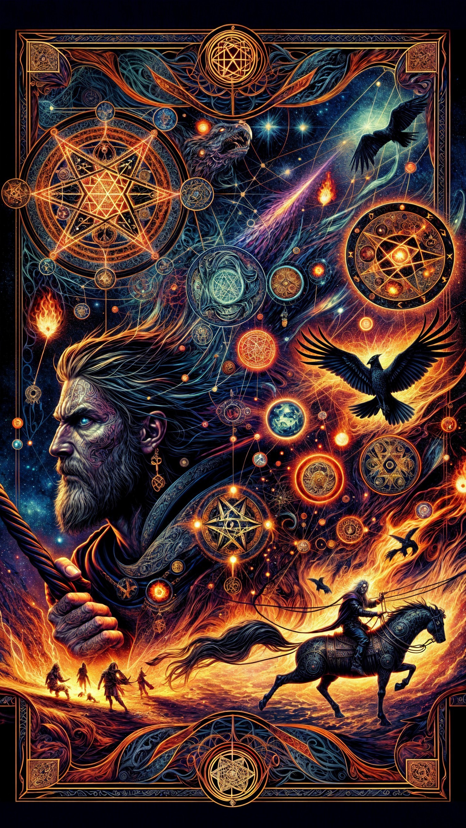 Mystical Scene with Cosmic Elements and Figures