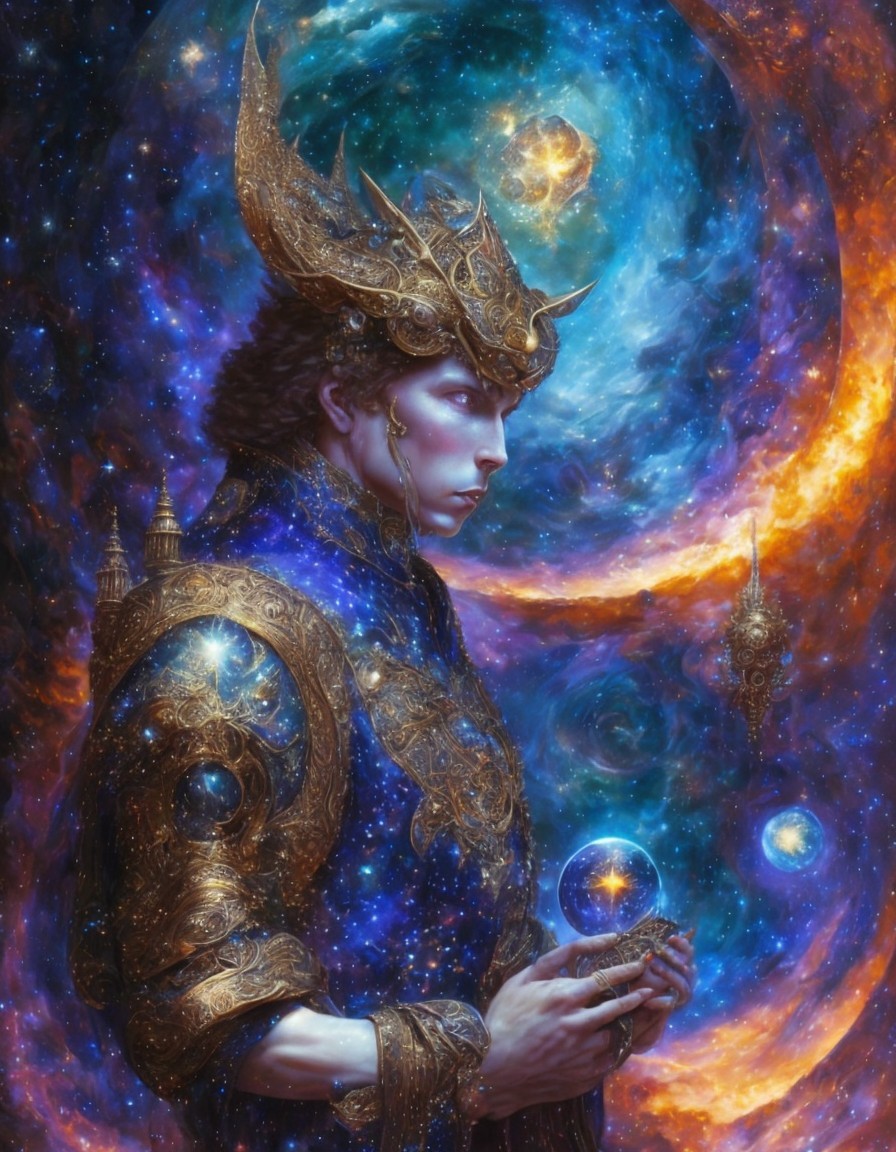 Regal Figure in Cosmic Backdrop with Glowing Orb