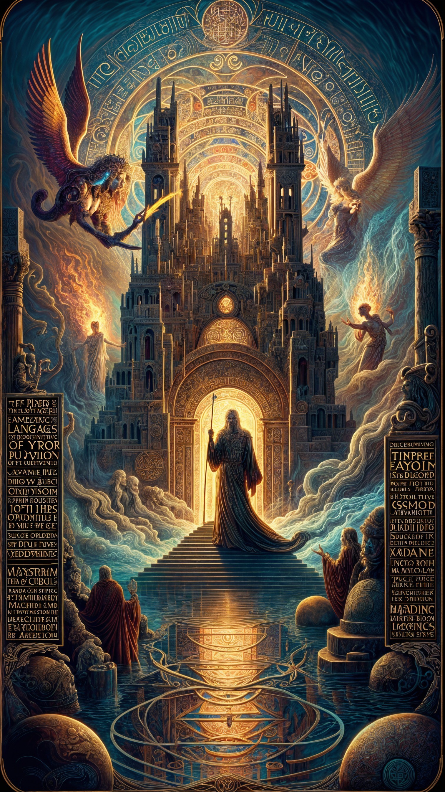 Majestic castle with cloaked figure in fantasy realm