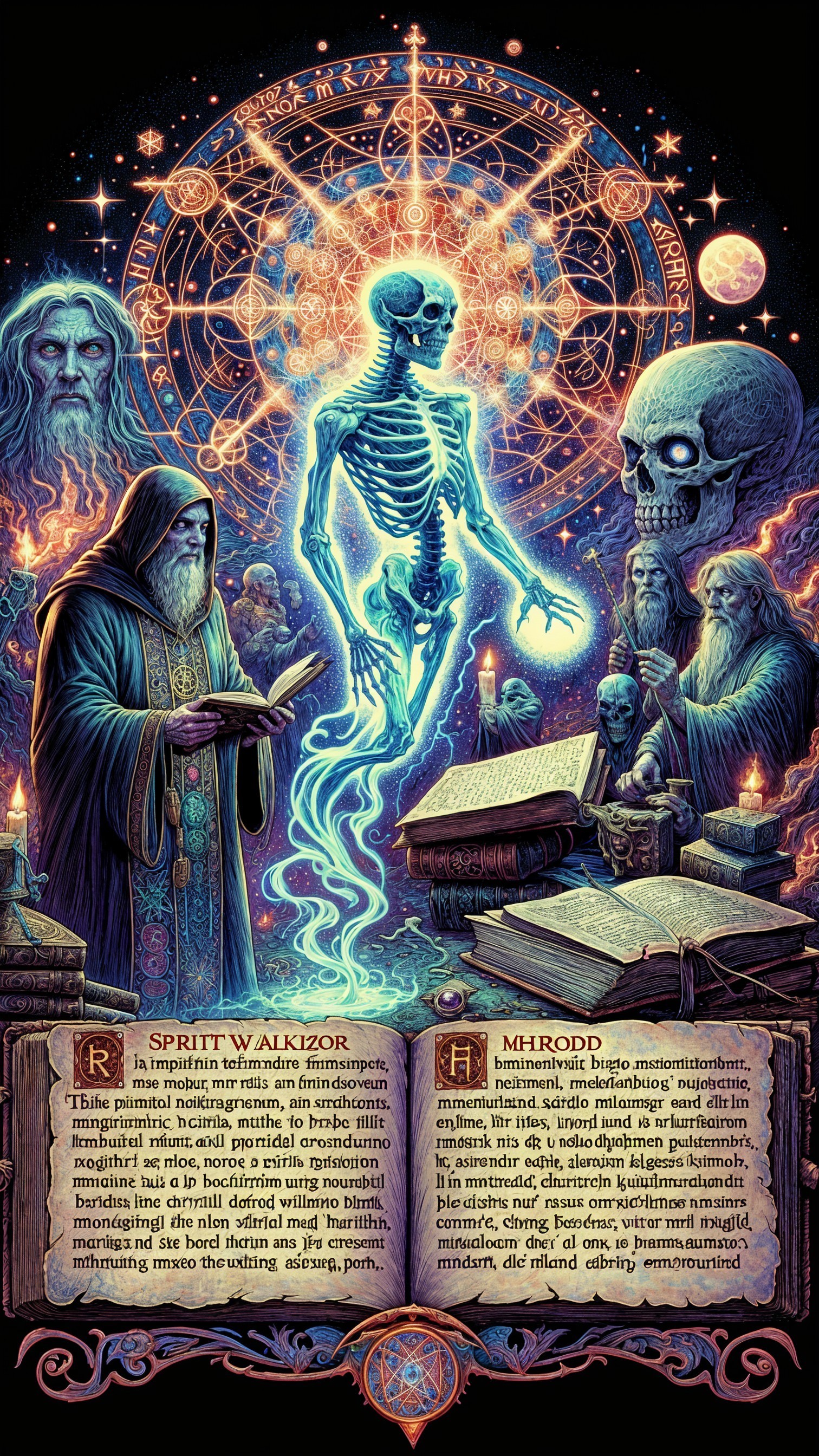 Mystical Scene with Skeleton and Arcane Symbols