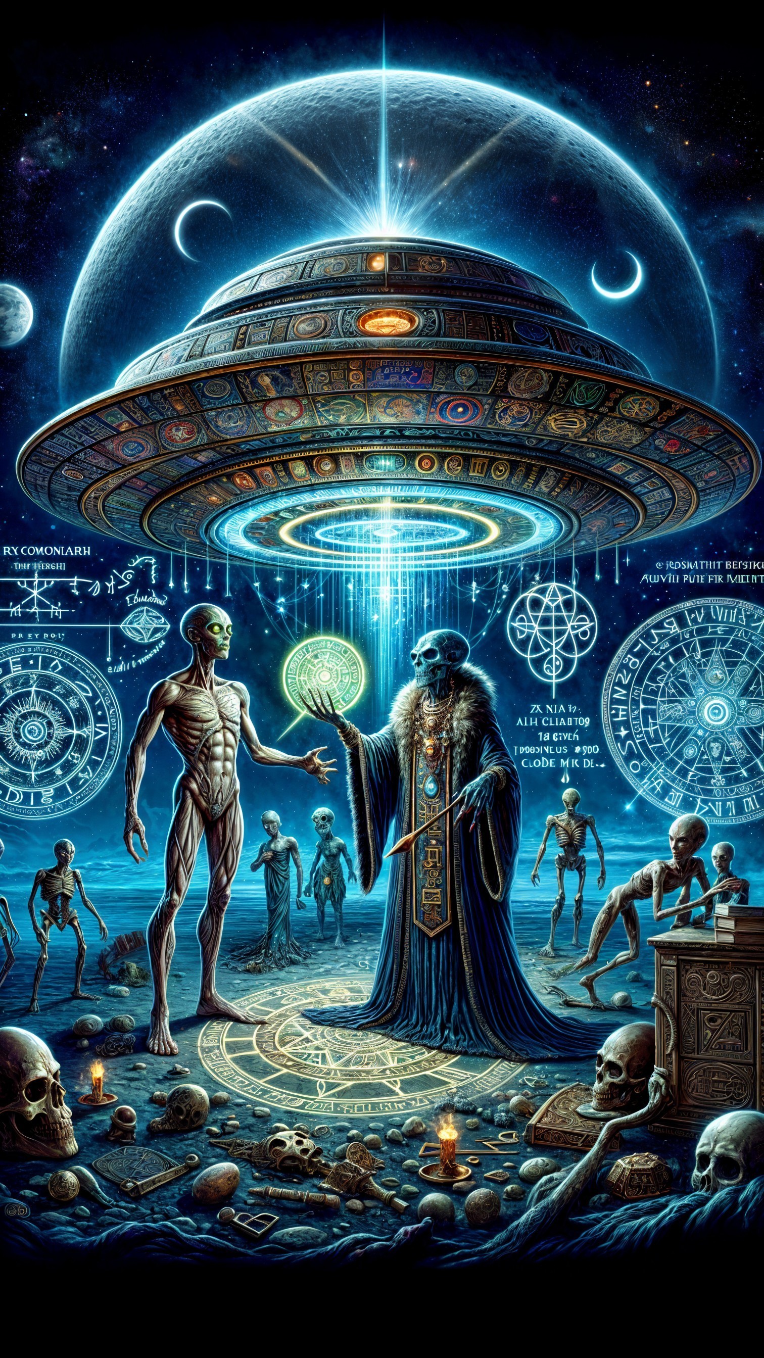 Alien Encounter Under Glowing Spaceship and Celestial Bodies