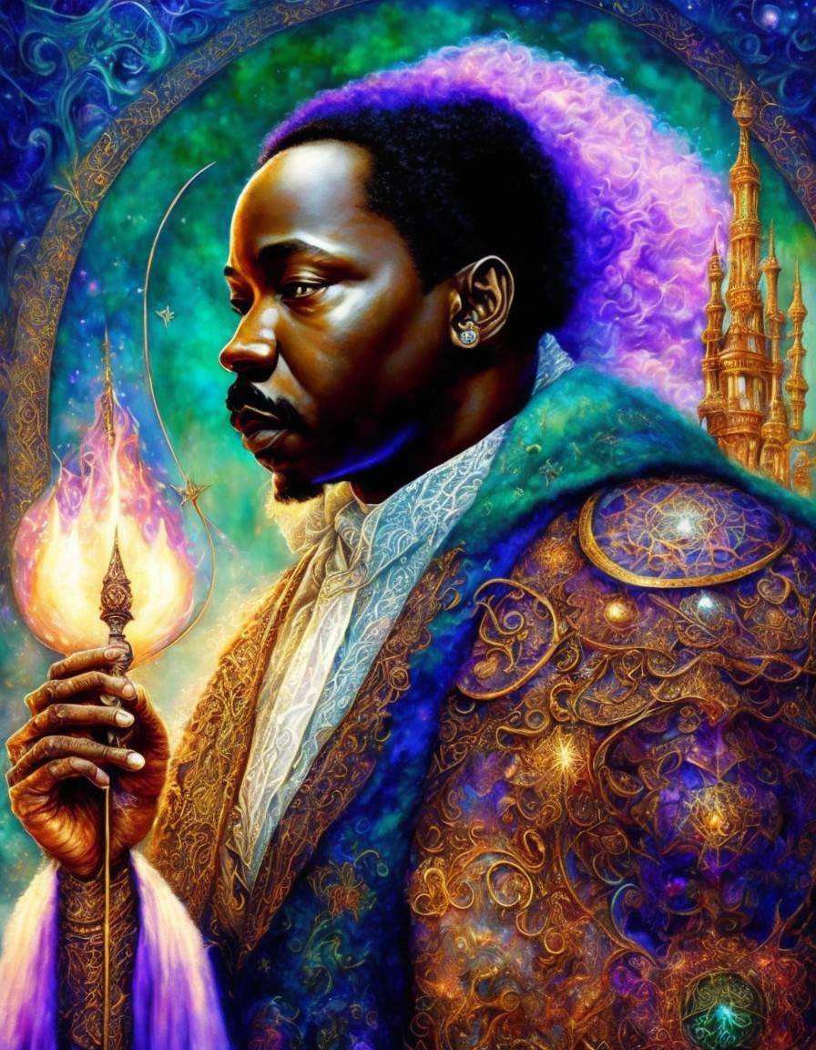 Regal figure with glowing flame and whimsical castle