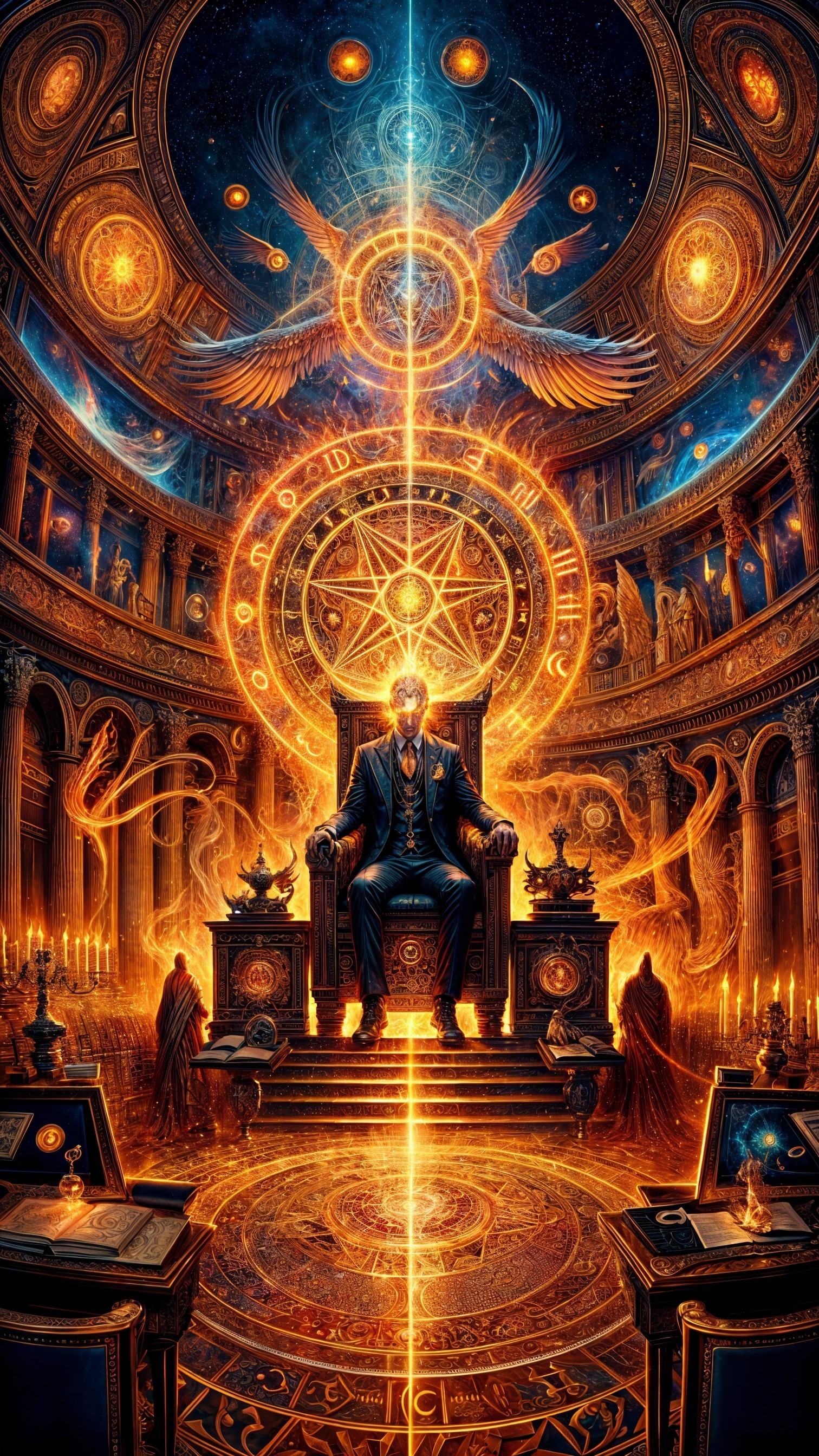 Mystical Hall with Celestial Symbols and Figures