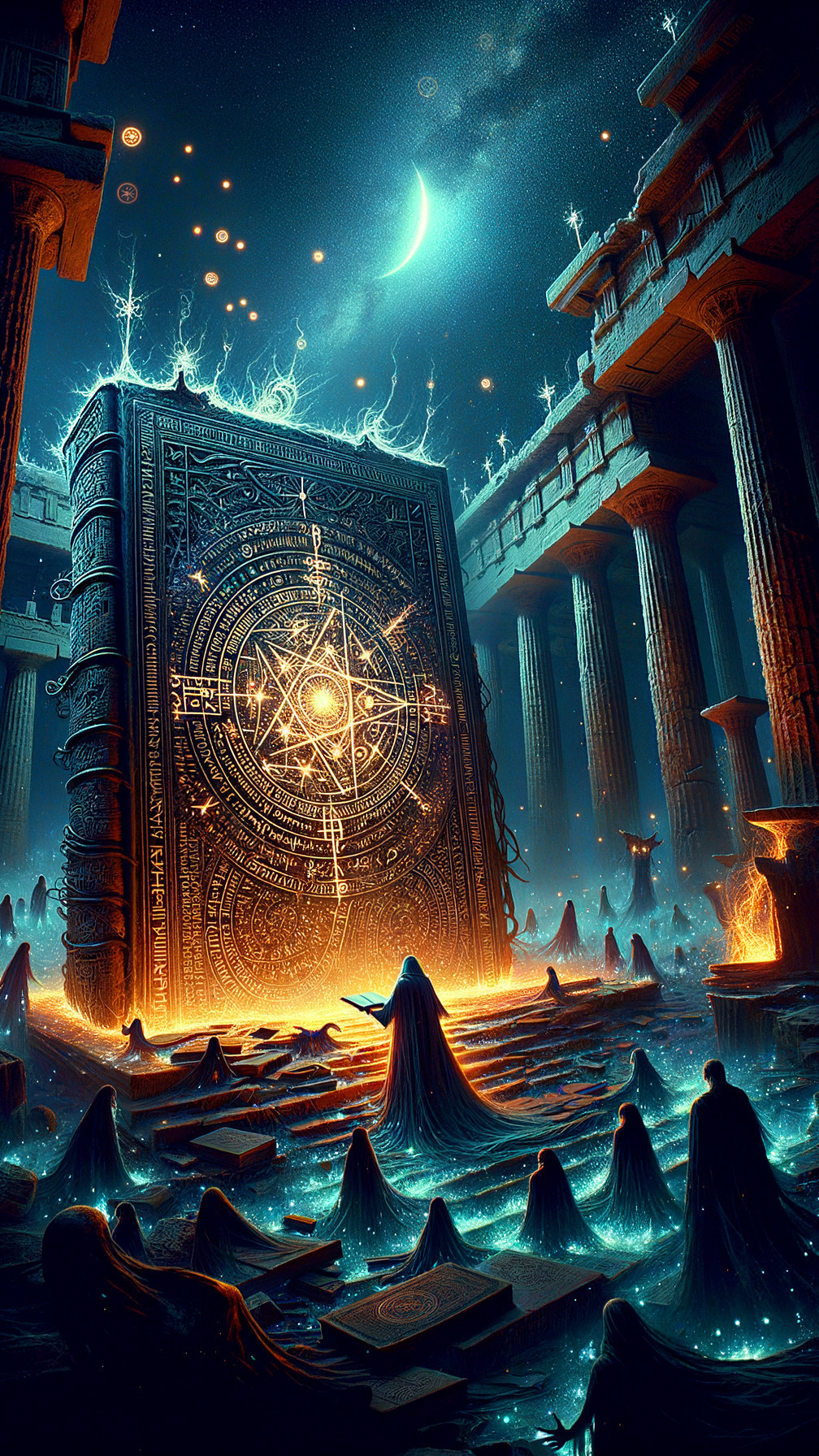 Ancient temple with ornate book and hooded figures