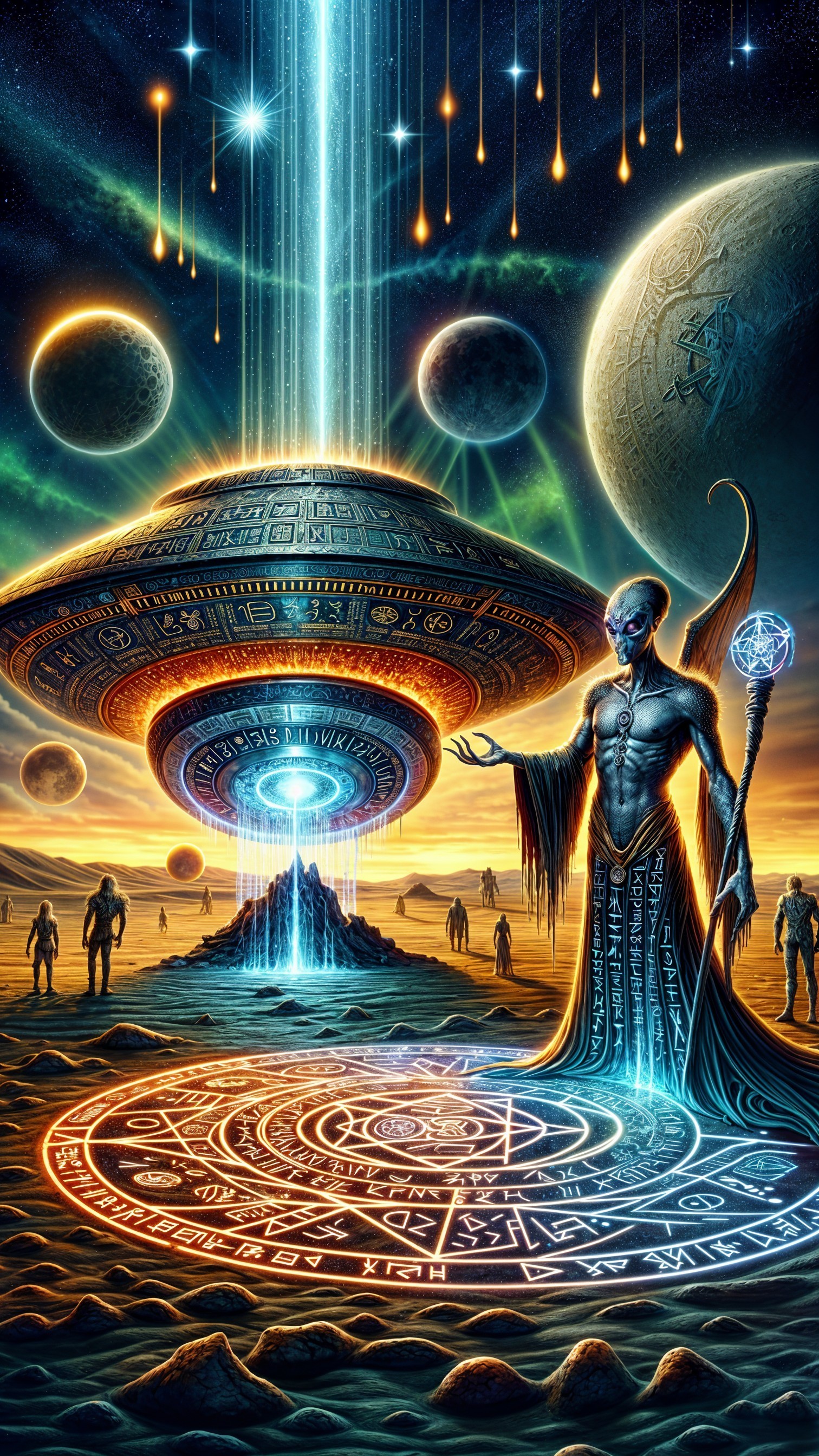 Cosmic Scene with UFO, Alien Figure, and Ancient Symbols