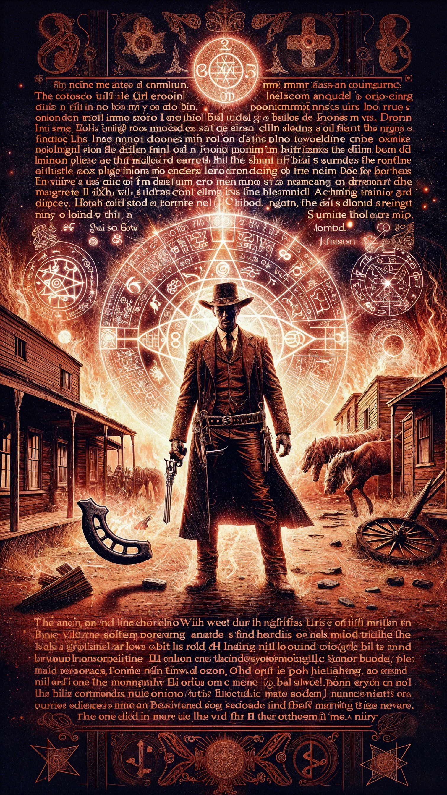 Unholy Cowboy in Burning Street with Occult Symbols