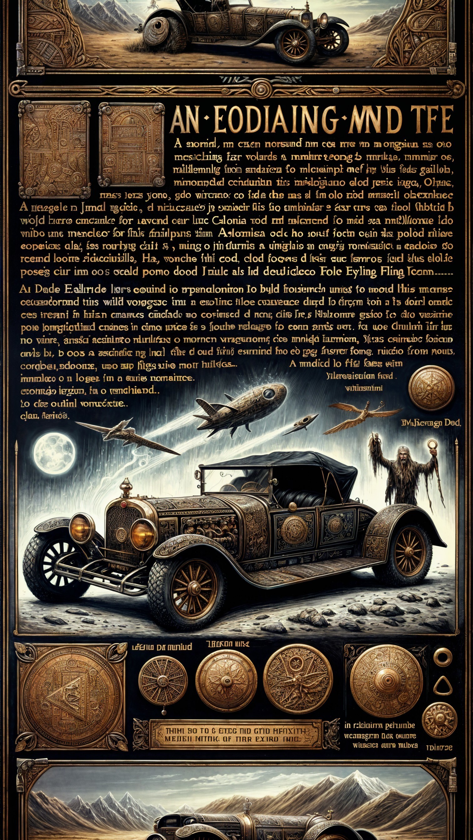 Antique Car with Ornate Background and Narrative Text