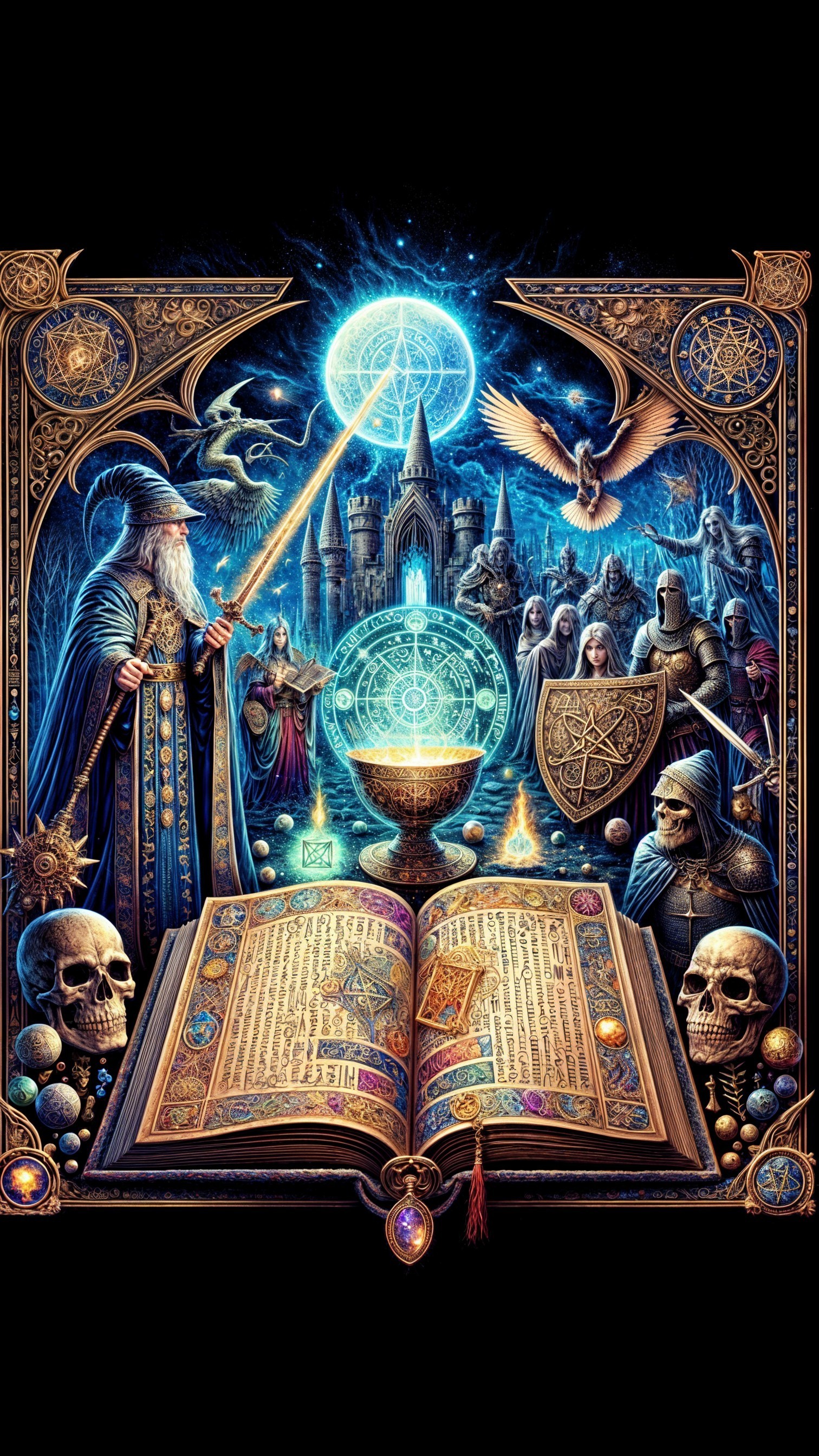 Mystical Wizard Casting Spell with Ancient Book