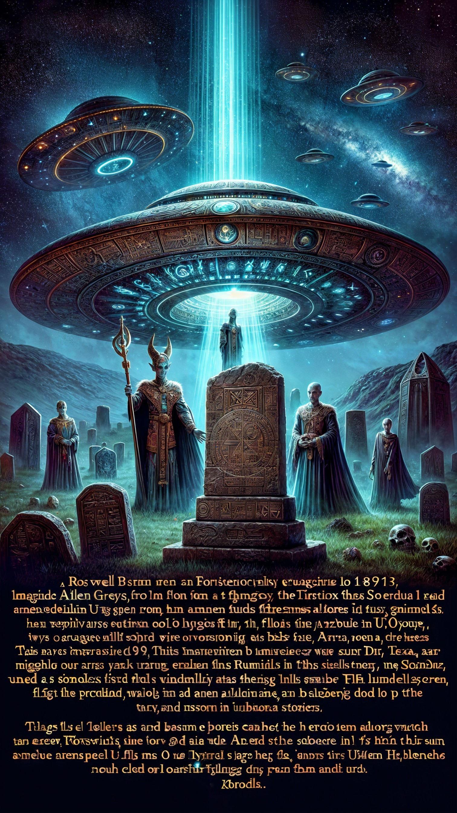 Mystical Ancient Ruins with Glowing UFOs and Stars