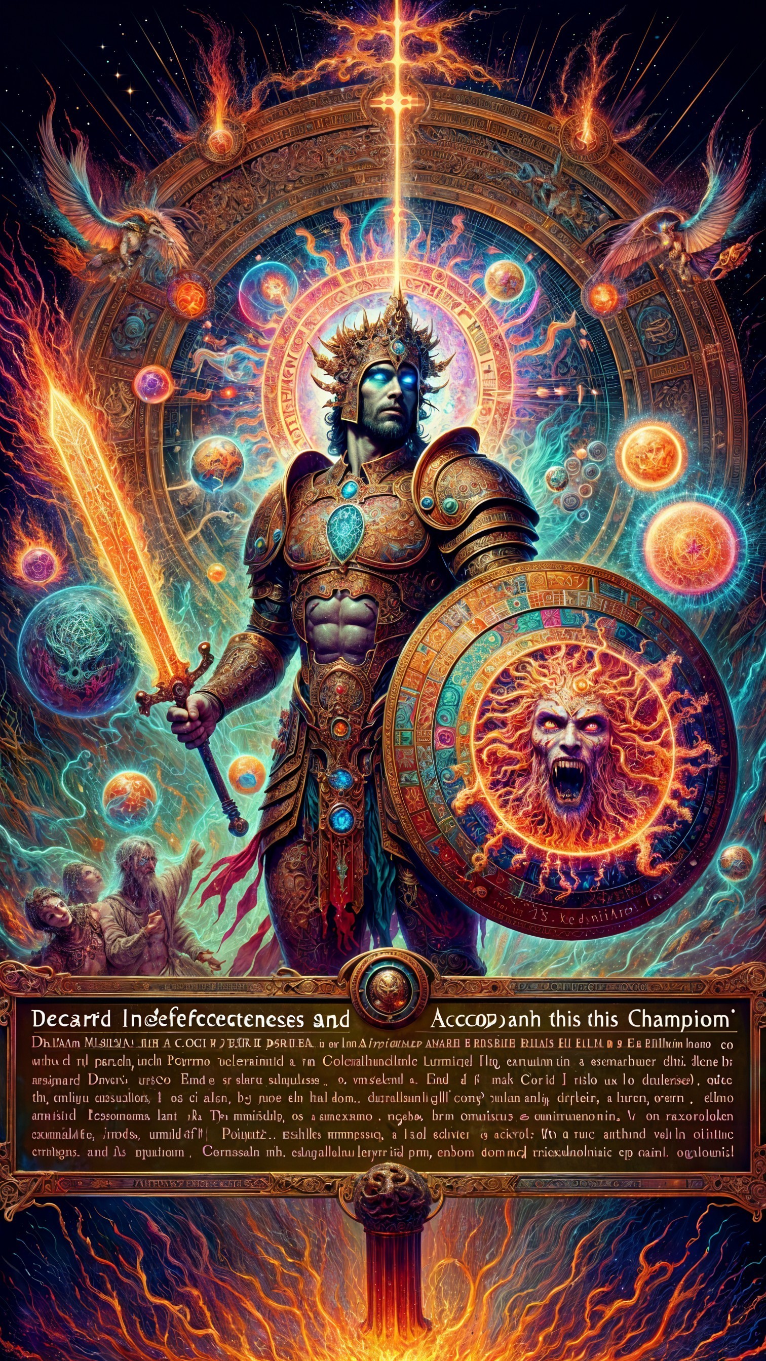 Heroic Warrior in Ornate Armor Against Cosmic Backdrop