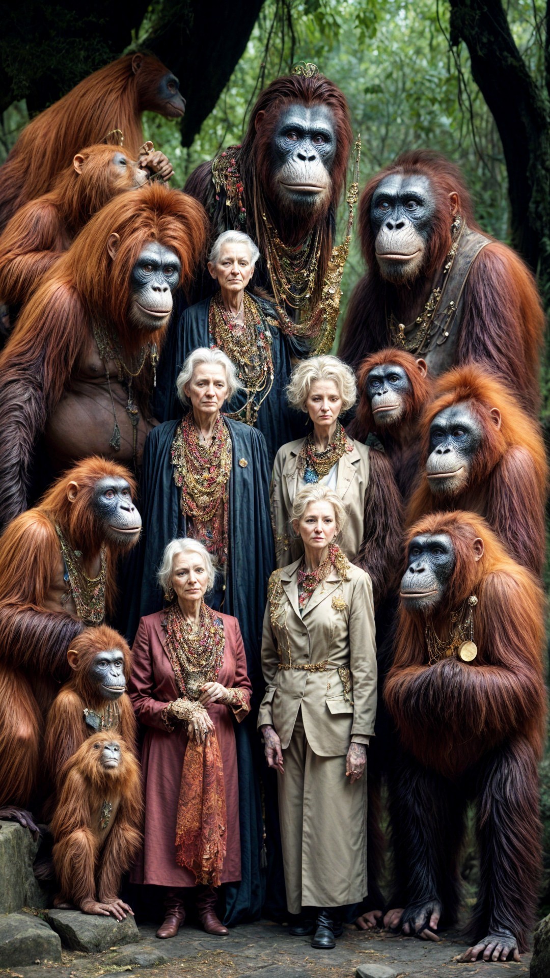 Elderly Women and Anthropomorphic Orangutans in Forest
